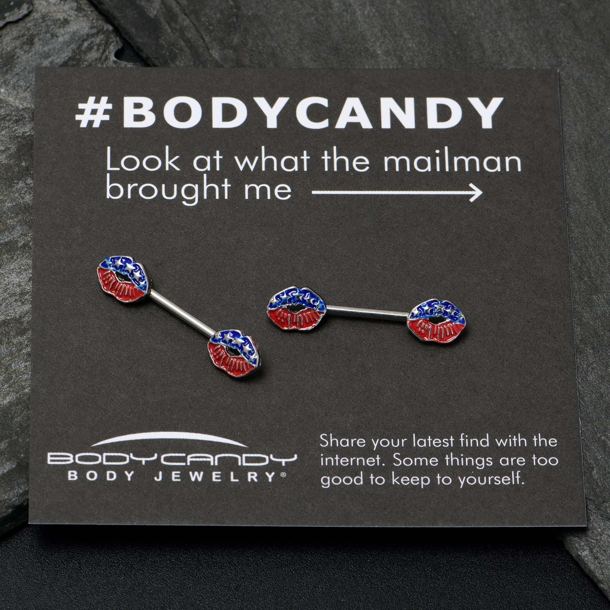 BodyCandy 14G 9/16 Patriotic Kissy Lips Barbell Nipple Ring Set — back view