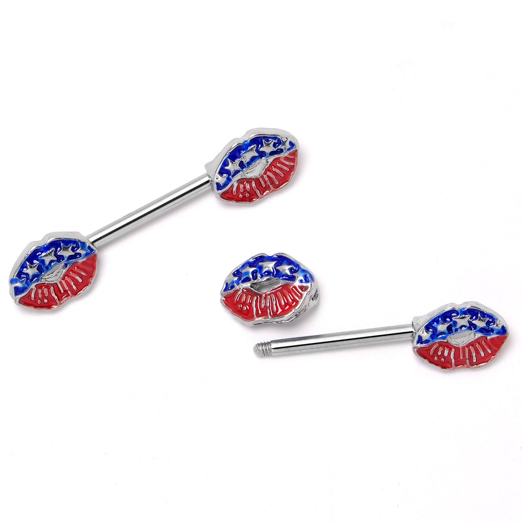 BodyCandy 14G 9/16 Patriotic Kissy Lips Barbell Nipple Ring Set — in-use photo