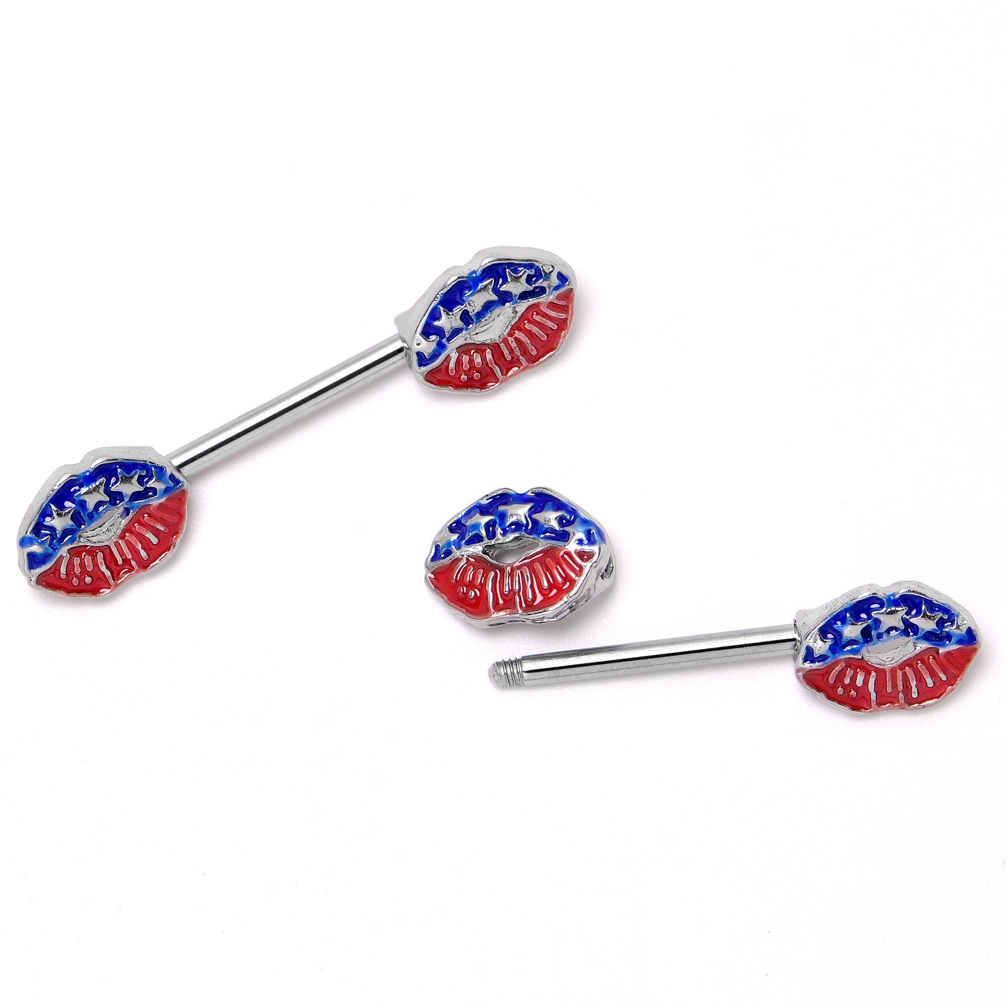 BodyCandy 14G 9/16 Patriotic Kissy Lips Barbell Nipple Ring Set — in-use photo