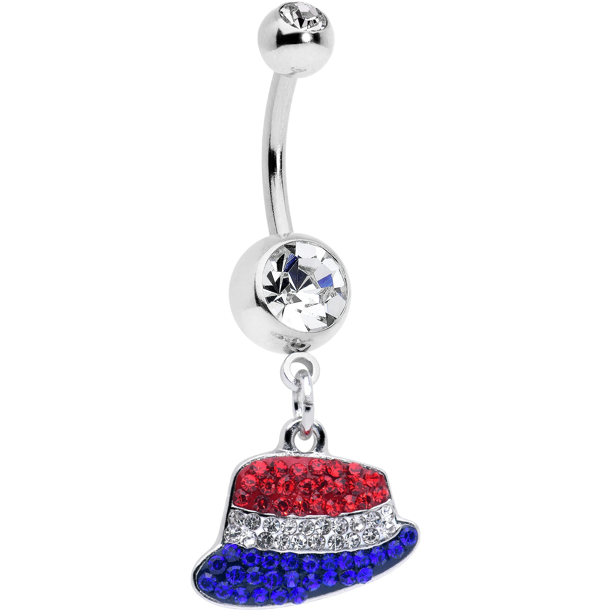 BodyCandy Red Blue Clear Gem Patriotic Hat Dangle Belly Ring — main product shot