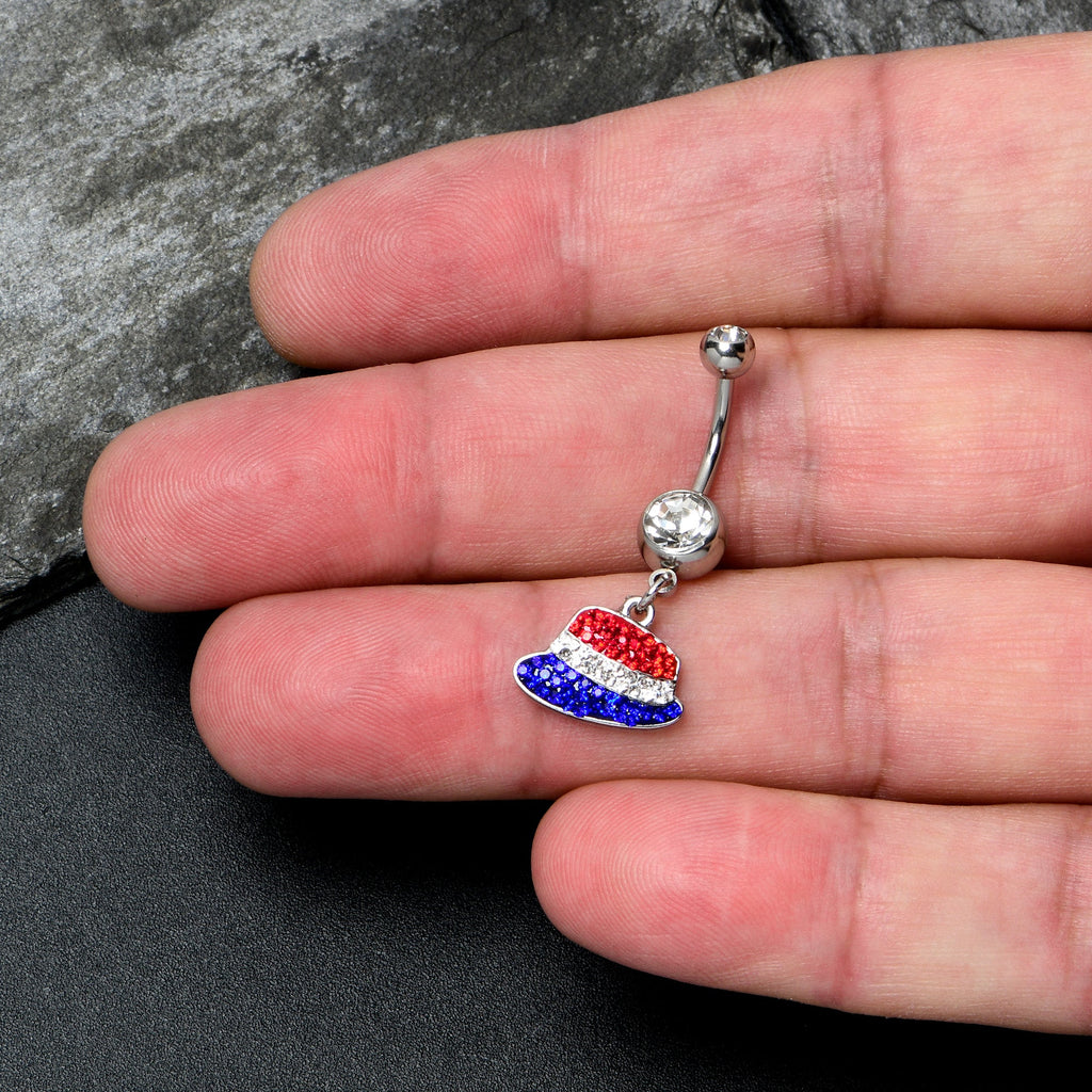 BodyCandy Red Blue Clear Gem Patriotic Hat Dangle Belly Ring — detail close-up