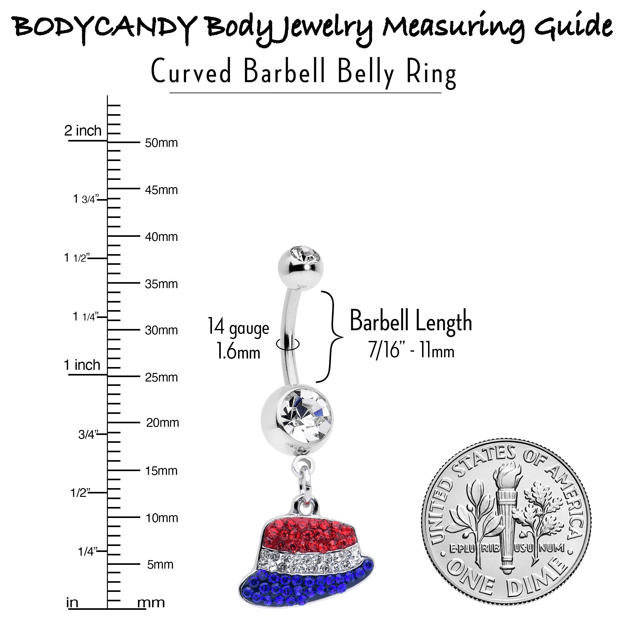 BodyCandy Red Blue Clear Gem Patriotic Hat Dangle Belly Ring — lifestyle context