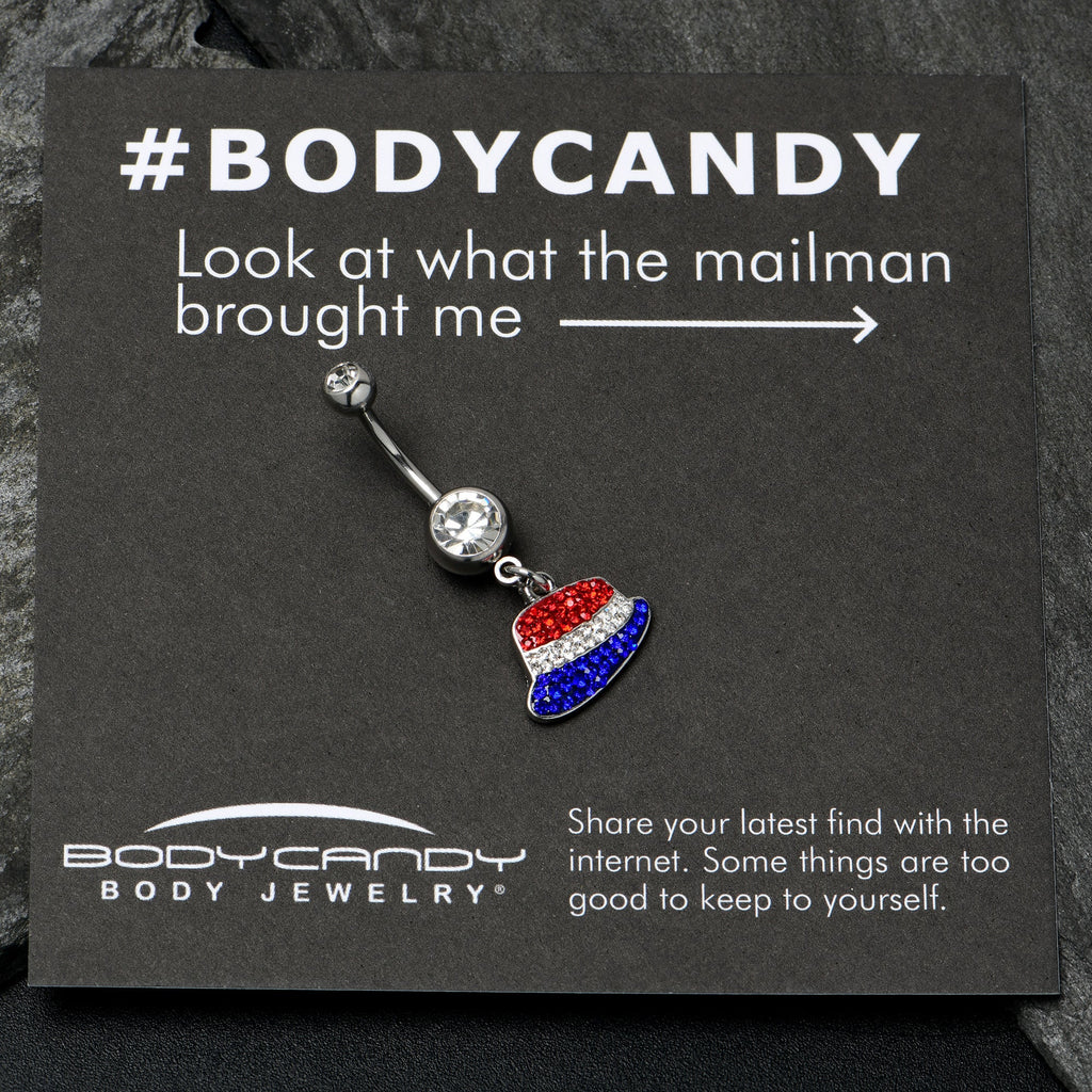 BodyCandy Red Blue Clear Gem Patriotic Hat Dangle Belly Ring — side view