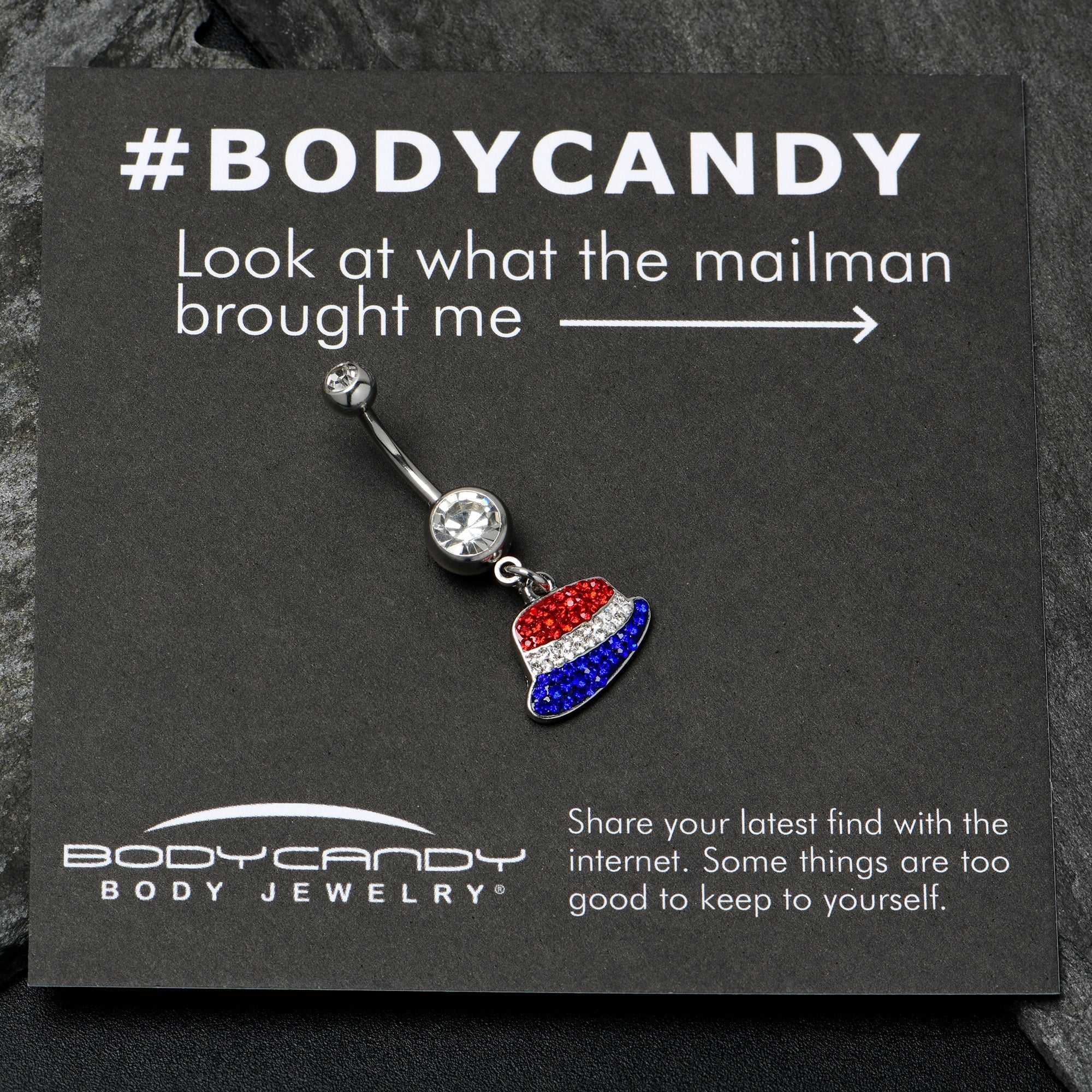 BodyCandy Red Blue Clear Gem Patriotic Hat Dangle Belly Ring — side view