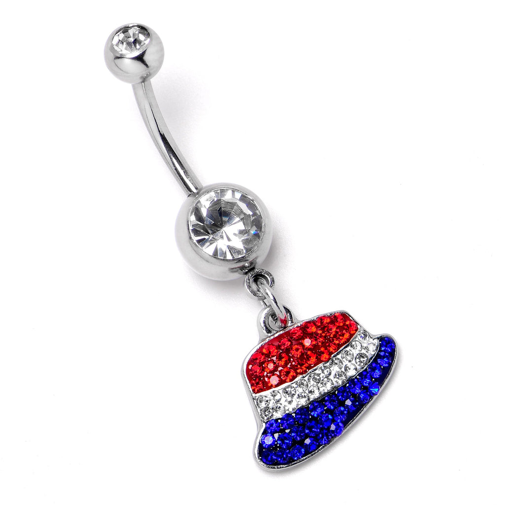 BodyCandy Red Blue Clear Gem Patriotic Hat Dangle Belly Ring — back view