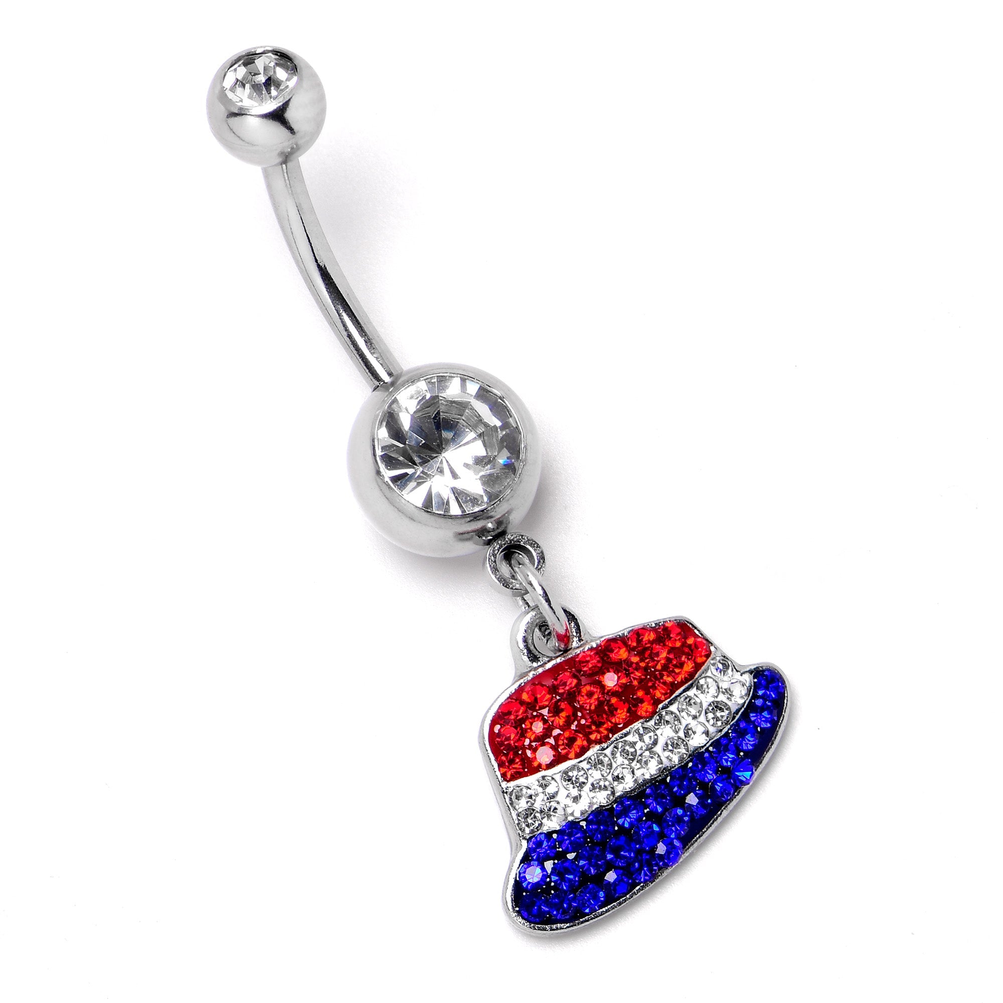 BodyCandy Red Blue Clear Gem Patriotic Hat Dangle Belly Ring — back view