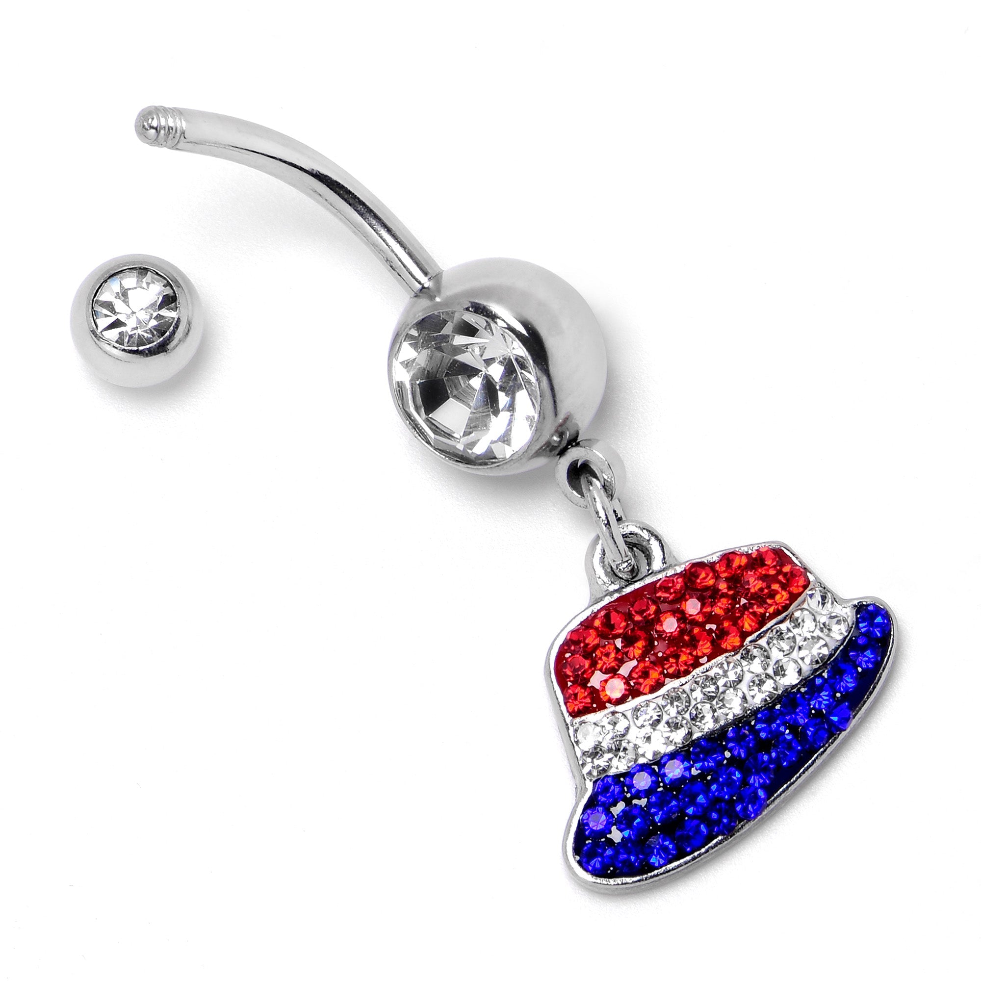 BodyCandy Red Blue Clear Gem Patriotic Hat Dangle Belly Ring — alternative angle
