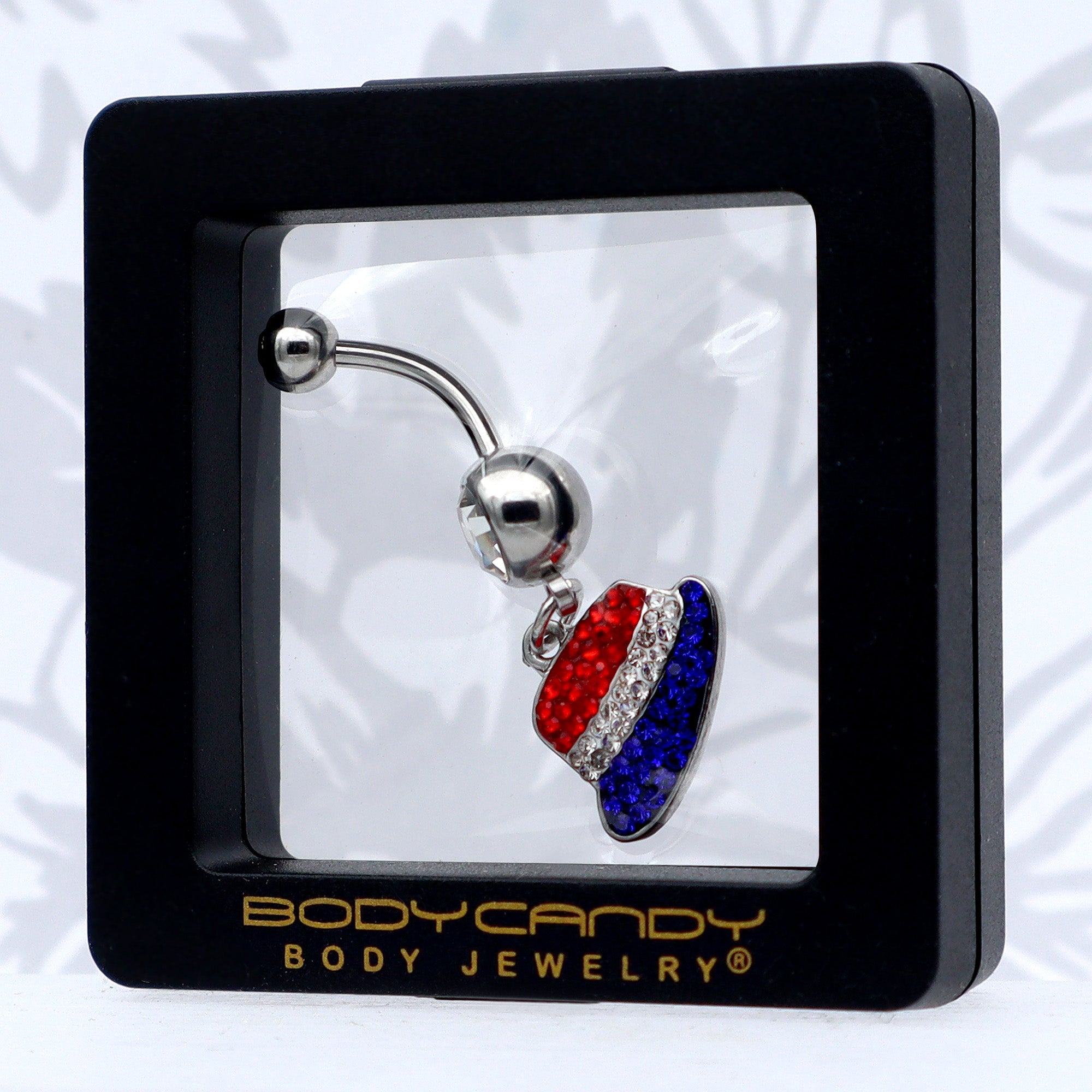 BodyCandy Red Blue Clear Gem Patriotic Hat Dangle Belly Ring — in-use photo