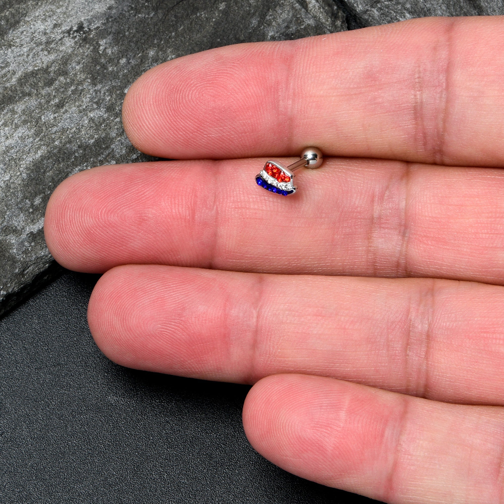 BodyCandy 16G 1/4 Red Blue Clear Gem Patriotic Hat Cartilage Tragus Earring — side view
