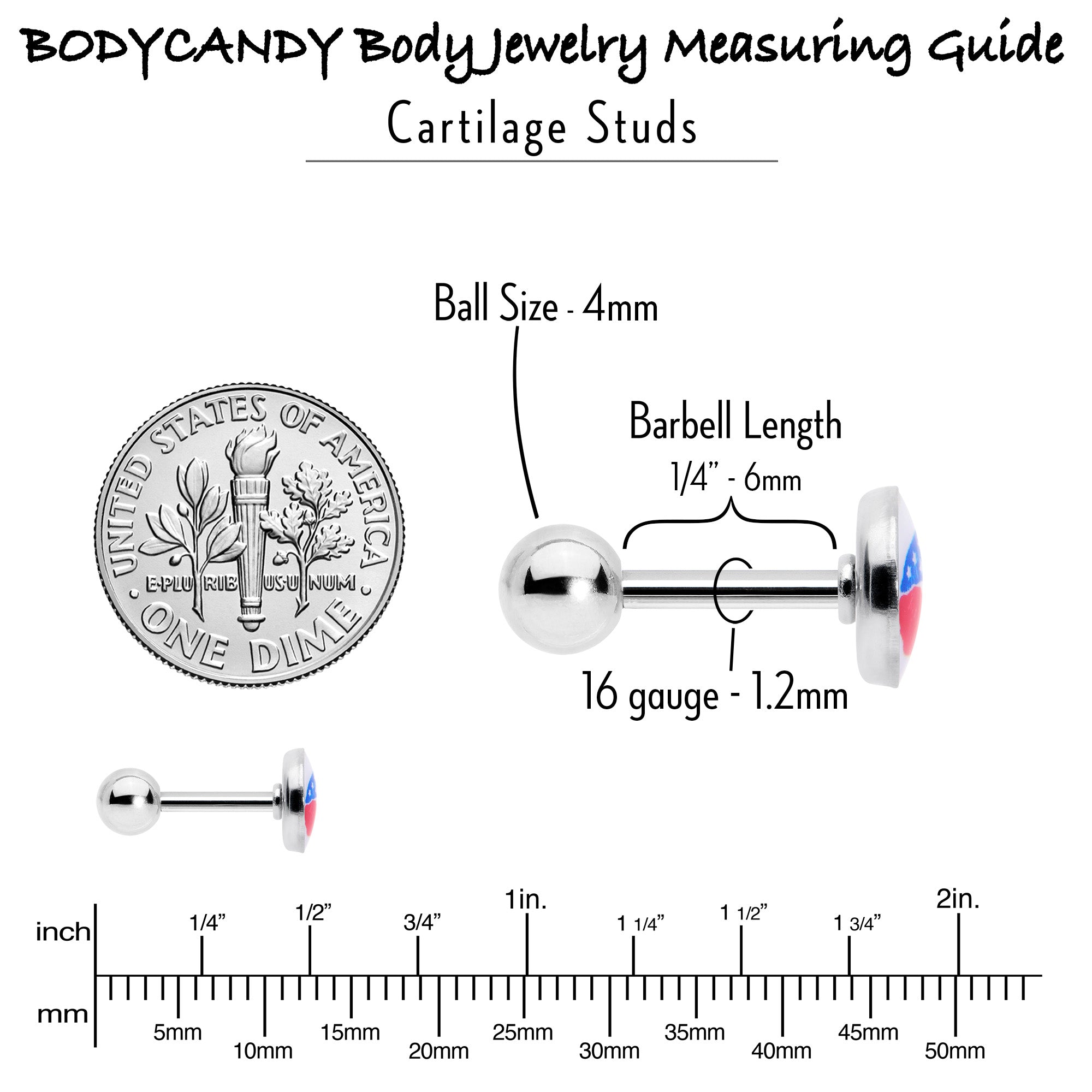 BodyCandy 16G 1/4 Inlay Patriotic Kissy Lips Cartilage Tragus Earring — back view
