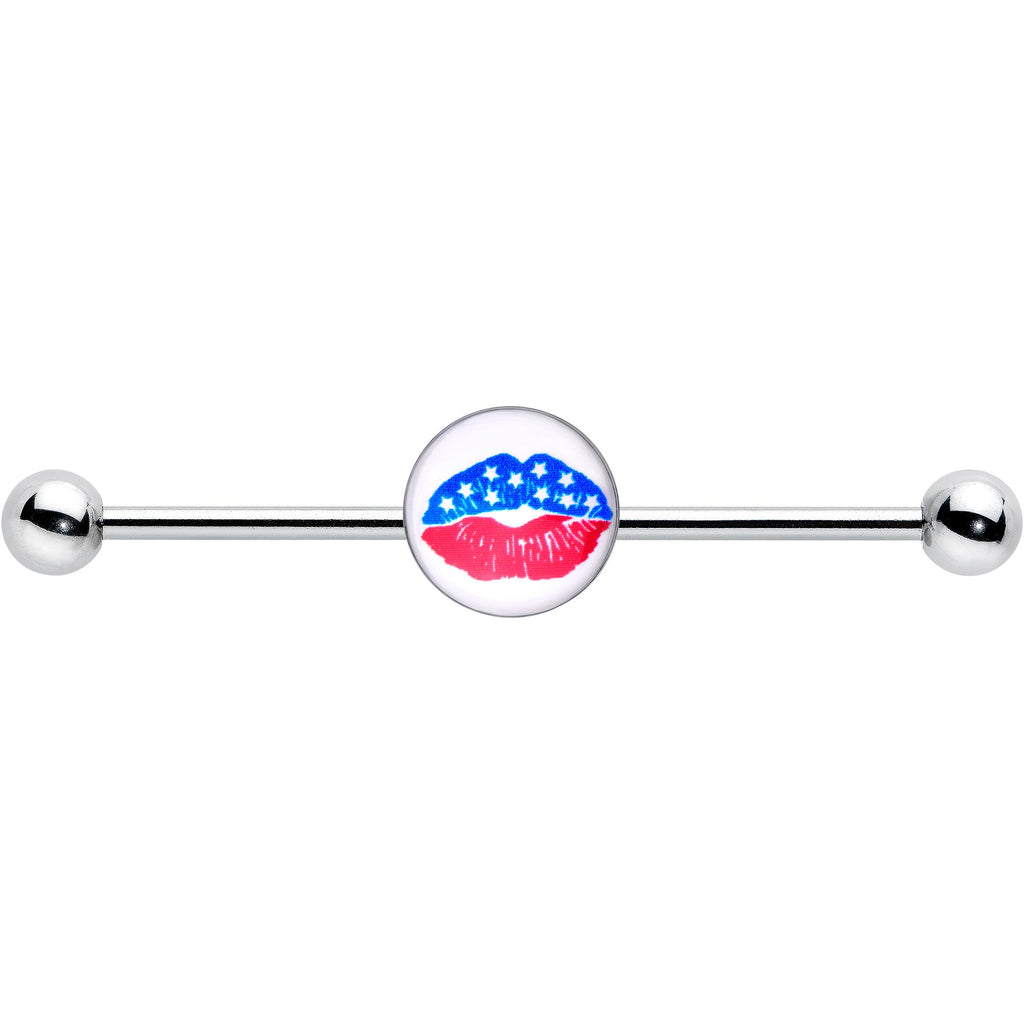 BodyCandy 14G Inlay Patriotic Kissy Lips Industrial Barbell 38mm — detail close-up