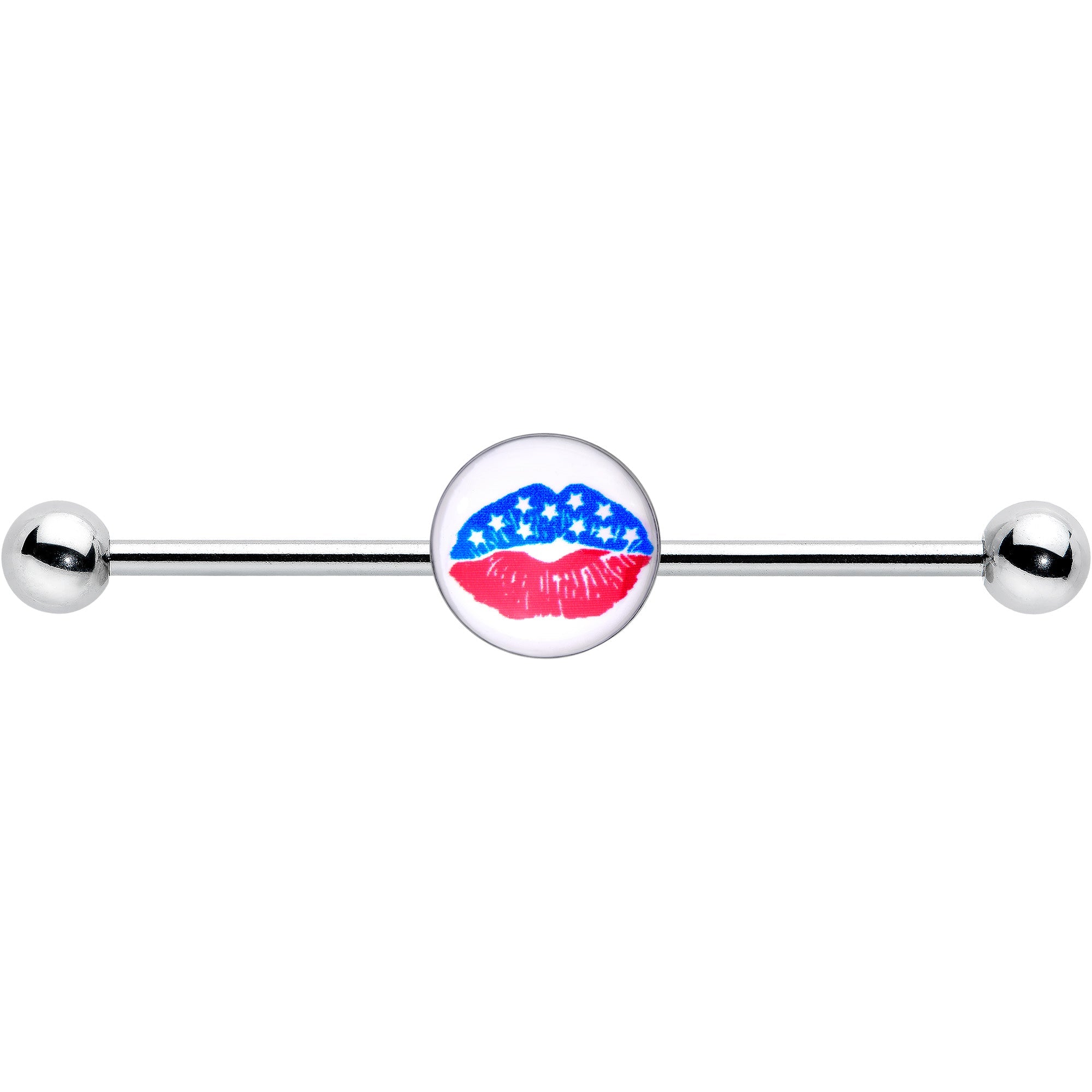 BodyCandy 14G Inlay Patriotic Kissy Lips Industrial Barbell 38mm — detail close-up