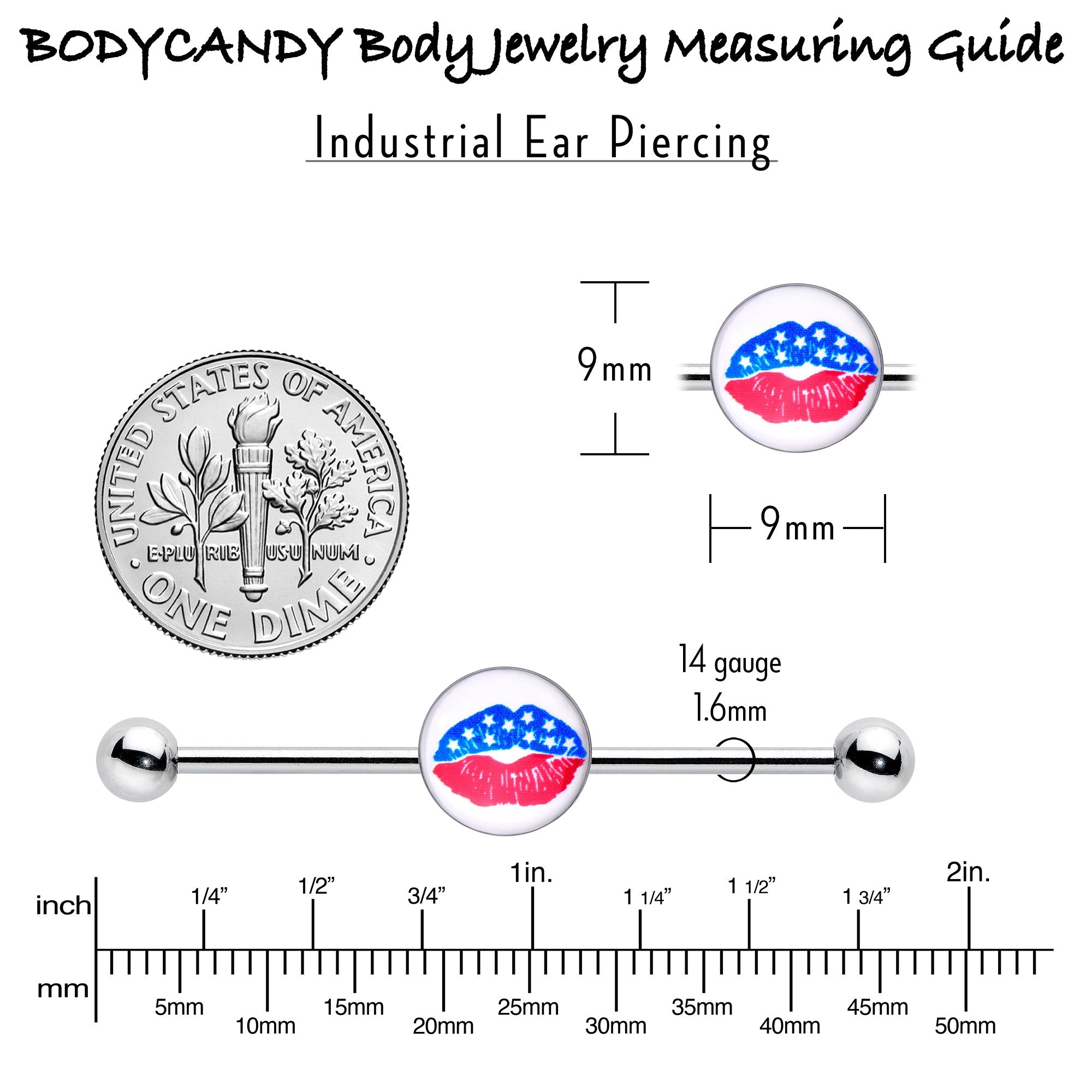 BodyCandy 14G Inlay Patriotic Kissy Lips Industrial Barbell 38mm — side view