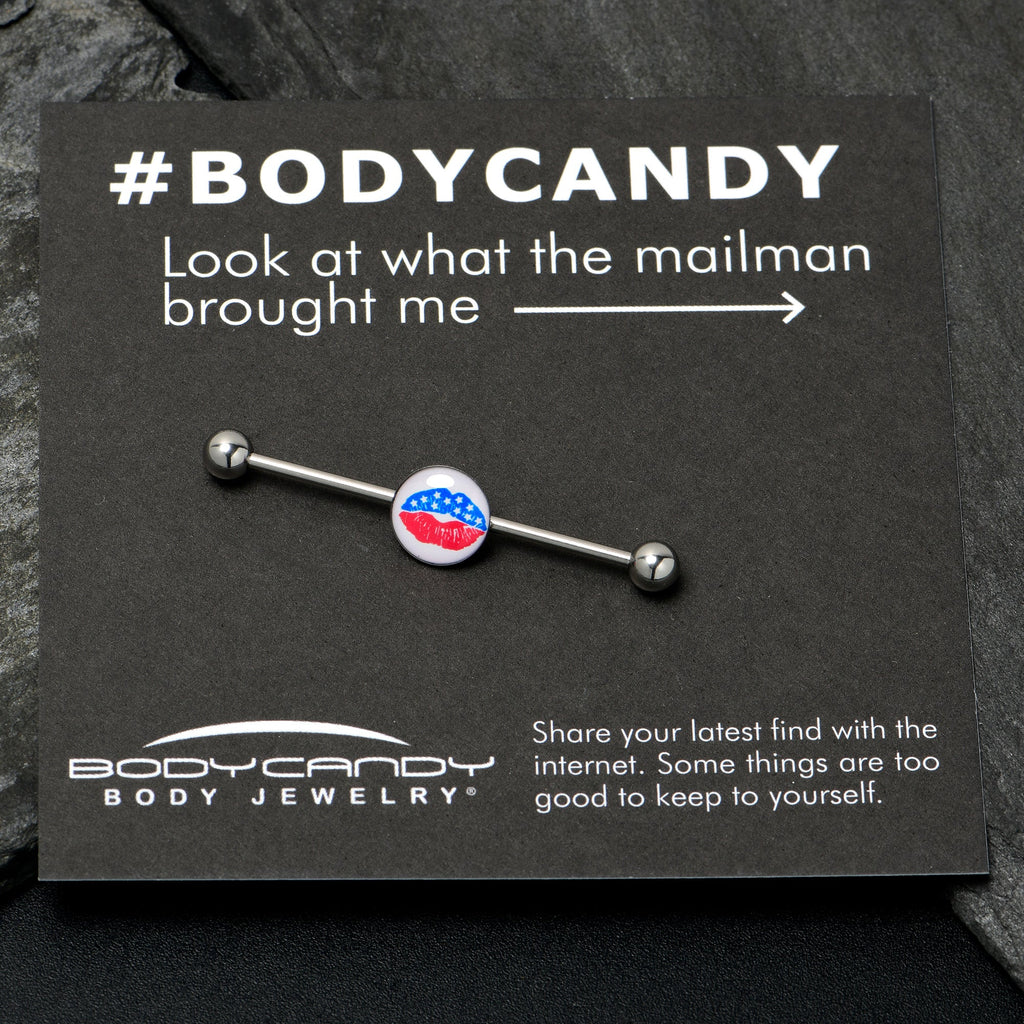 BodyCandy 14G Inlay Patriotic Kissy Lips Industrial Barbell 38mm — in-use photo