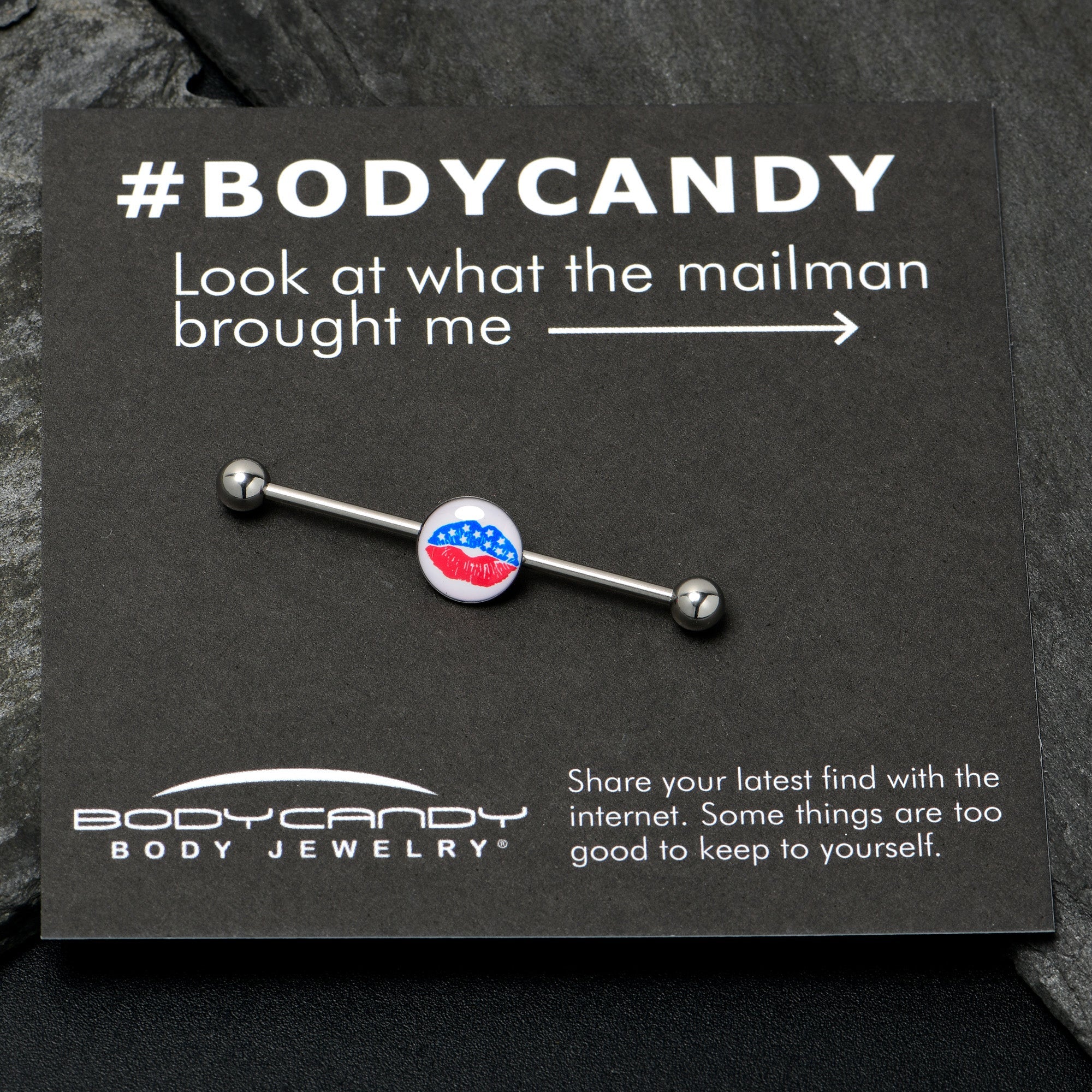BodyCandy 14G Inlay Patriotic Kissy Lips Industrial Barbell 38mm — in-use photo