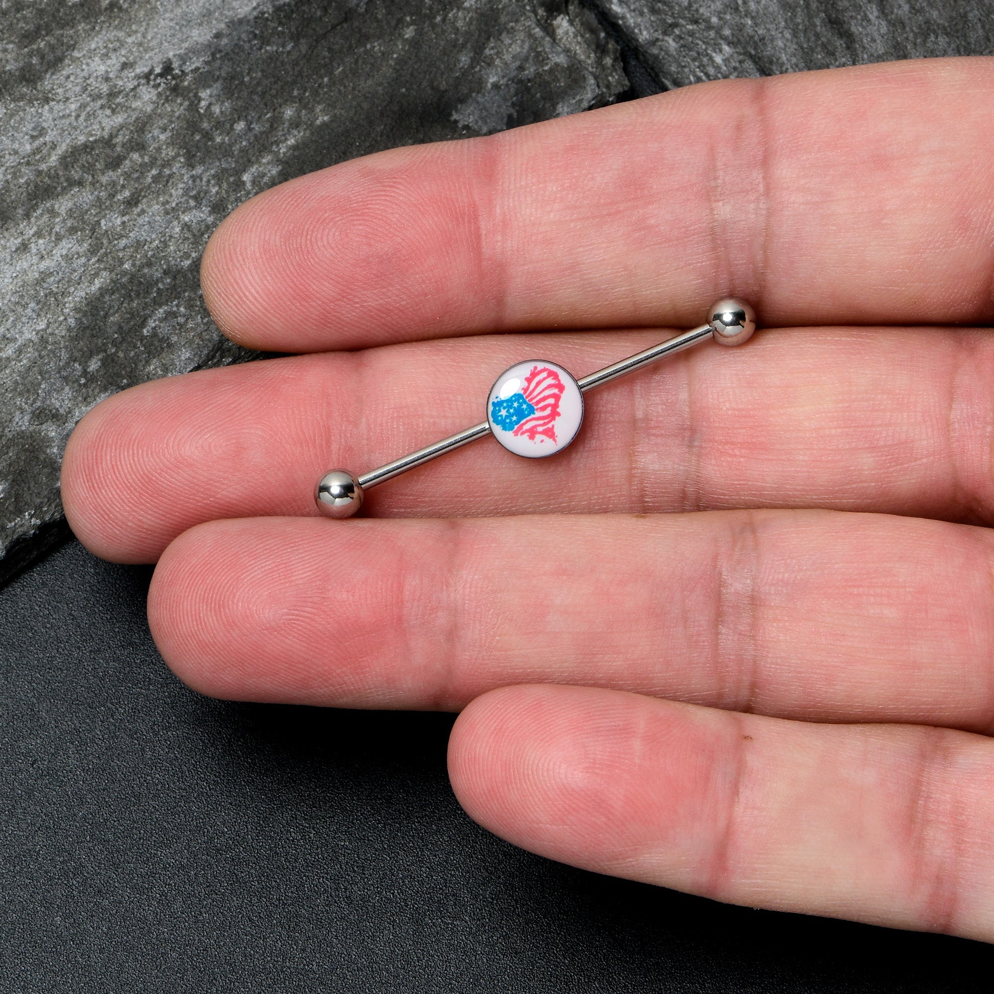 BodyCandy 14G Heart Flag Patriotic Industrial Barbell 38mm — lifestyle context