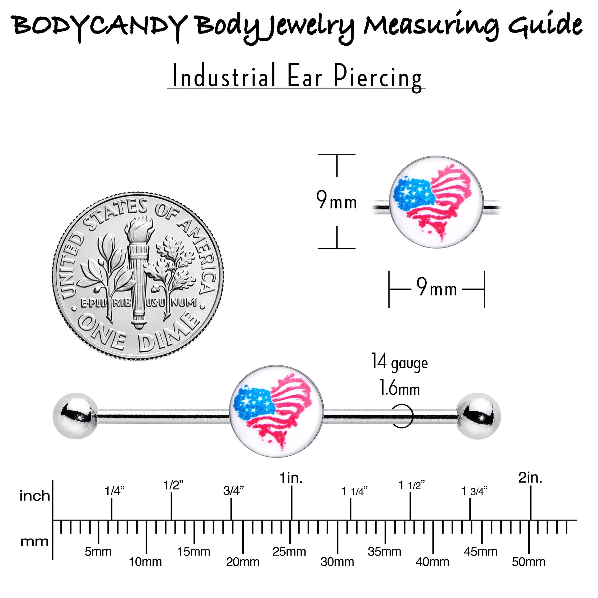 BodyCandy 14G Heart Flag Patriotic Industrial Barbell 38mm — side view