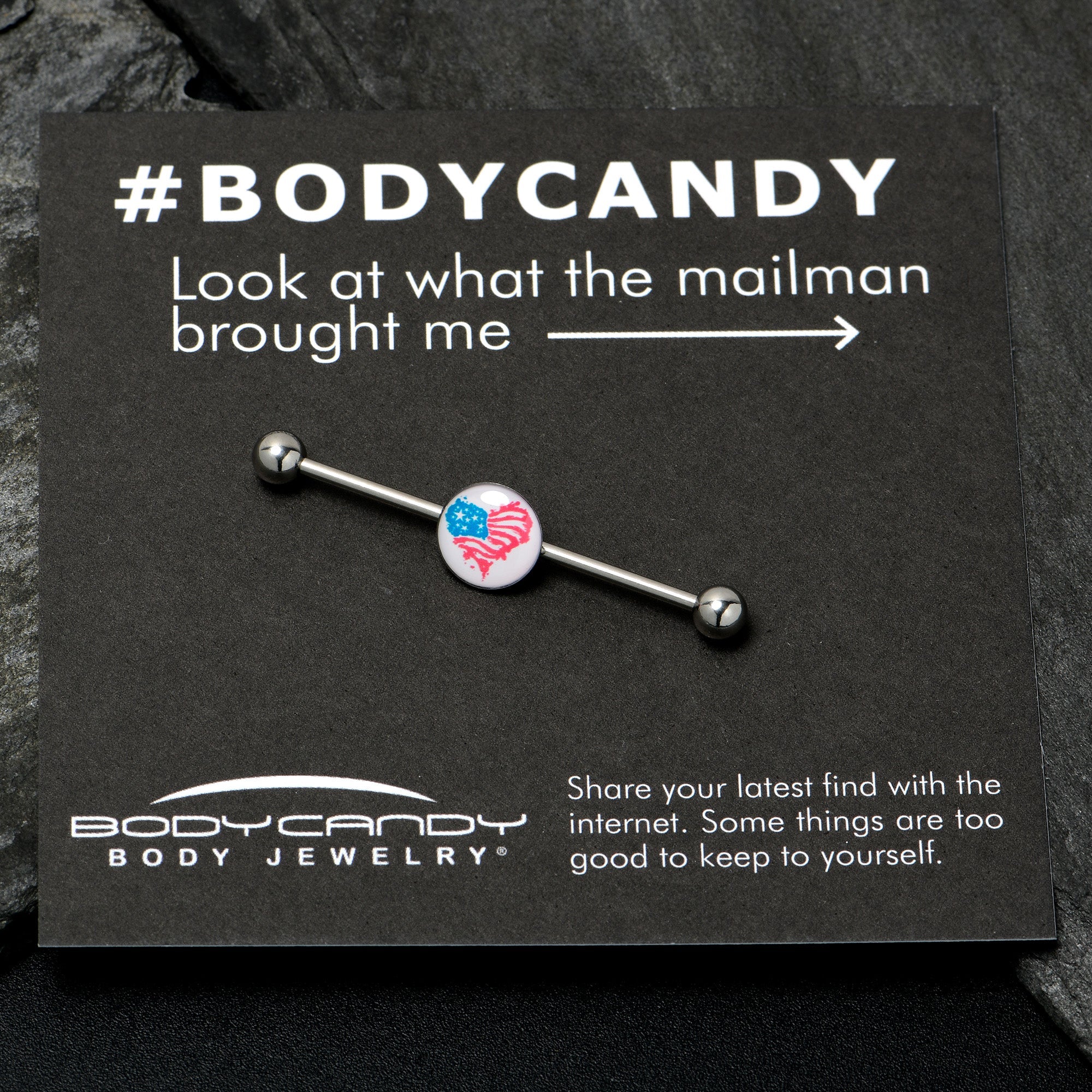 BodyCandy 14G Heart Flag Patriotic Industrial Barbell 38mm — in-use photo