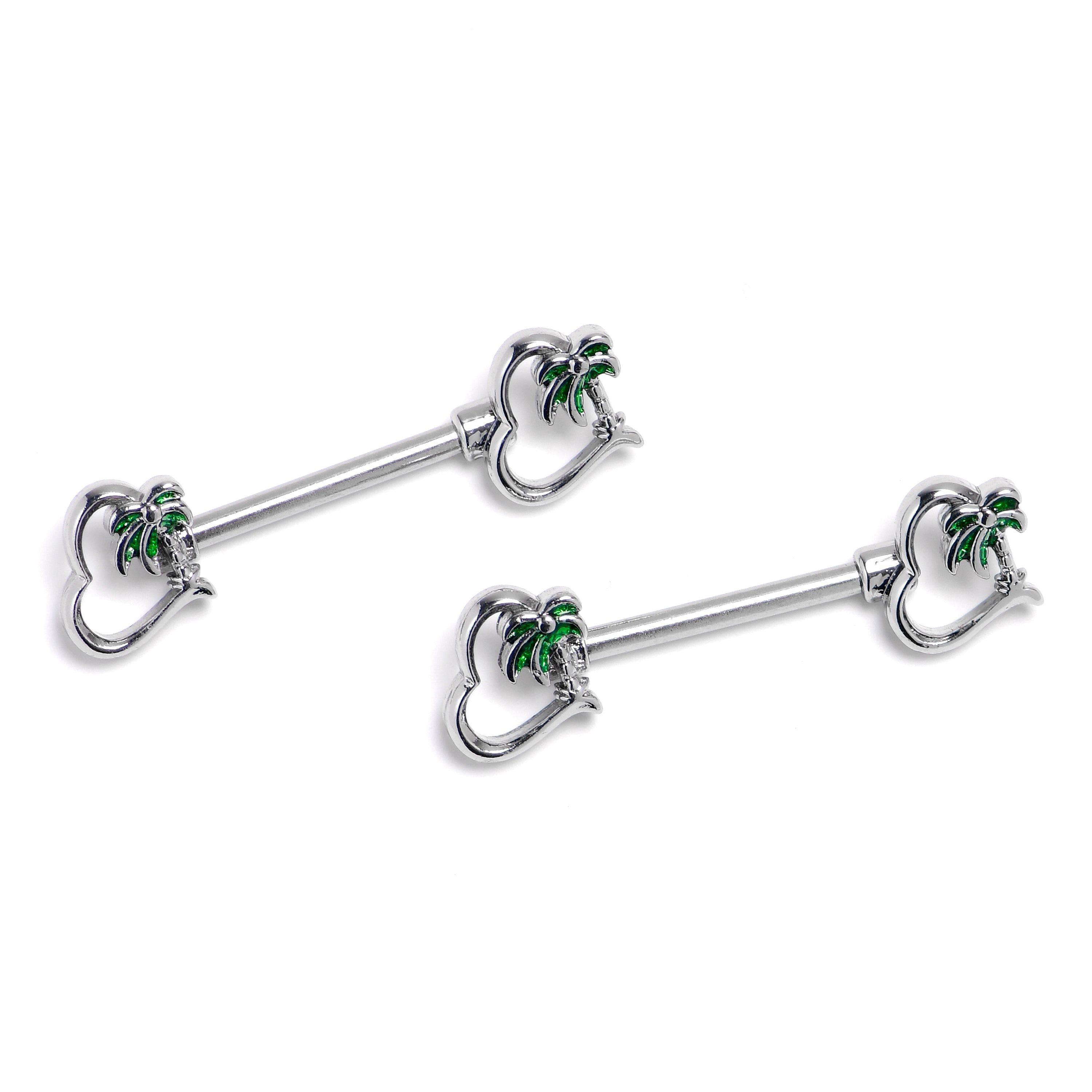 BodyCandy 14G 9/16 Palm Tree Love Hearts Barbell Nipple Ring Set — main product shot