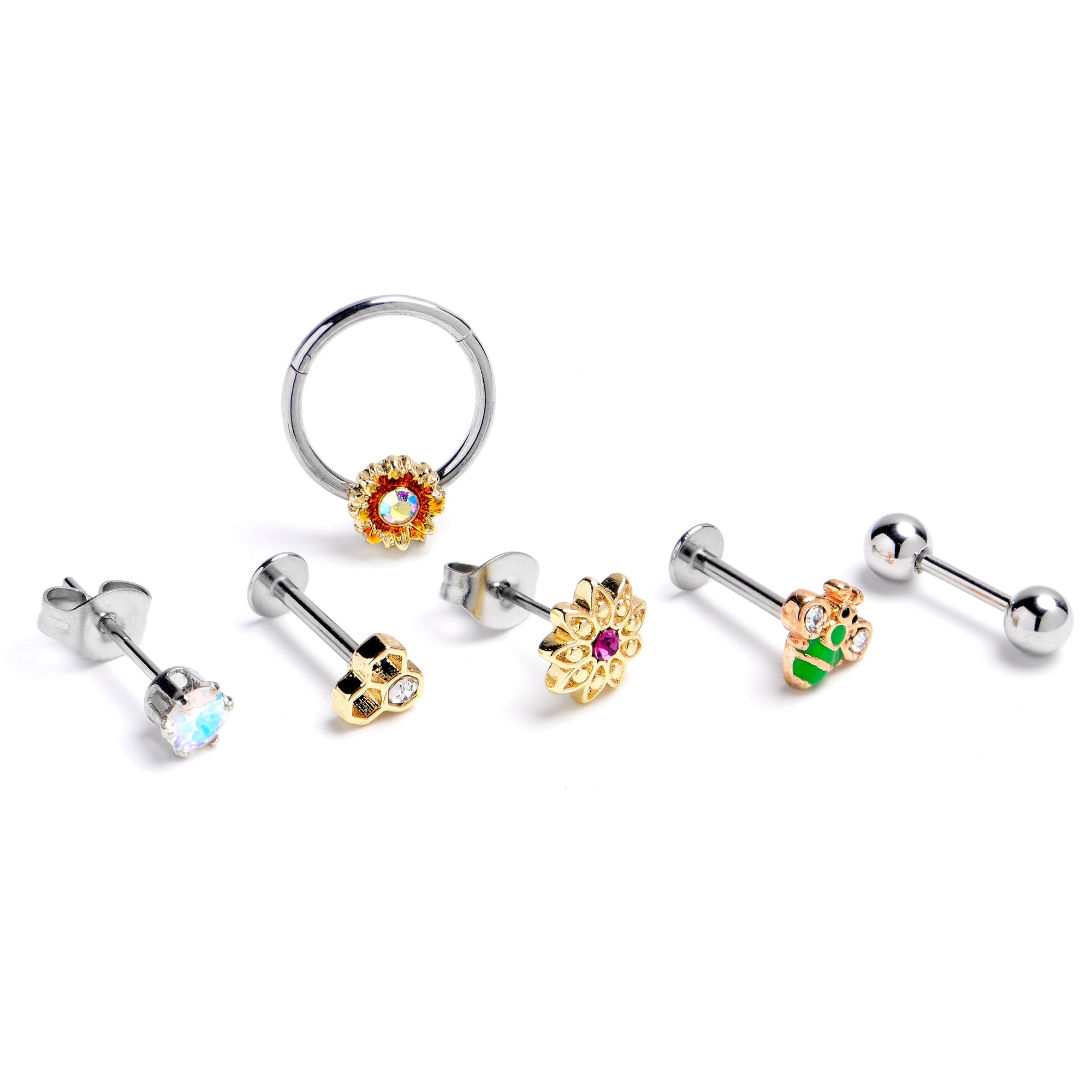 BodyCandy 16G 3/8 5/16 Aurora Gem Bee Flower Labret BCR Cartilage Curation Set of 6 — main product shot