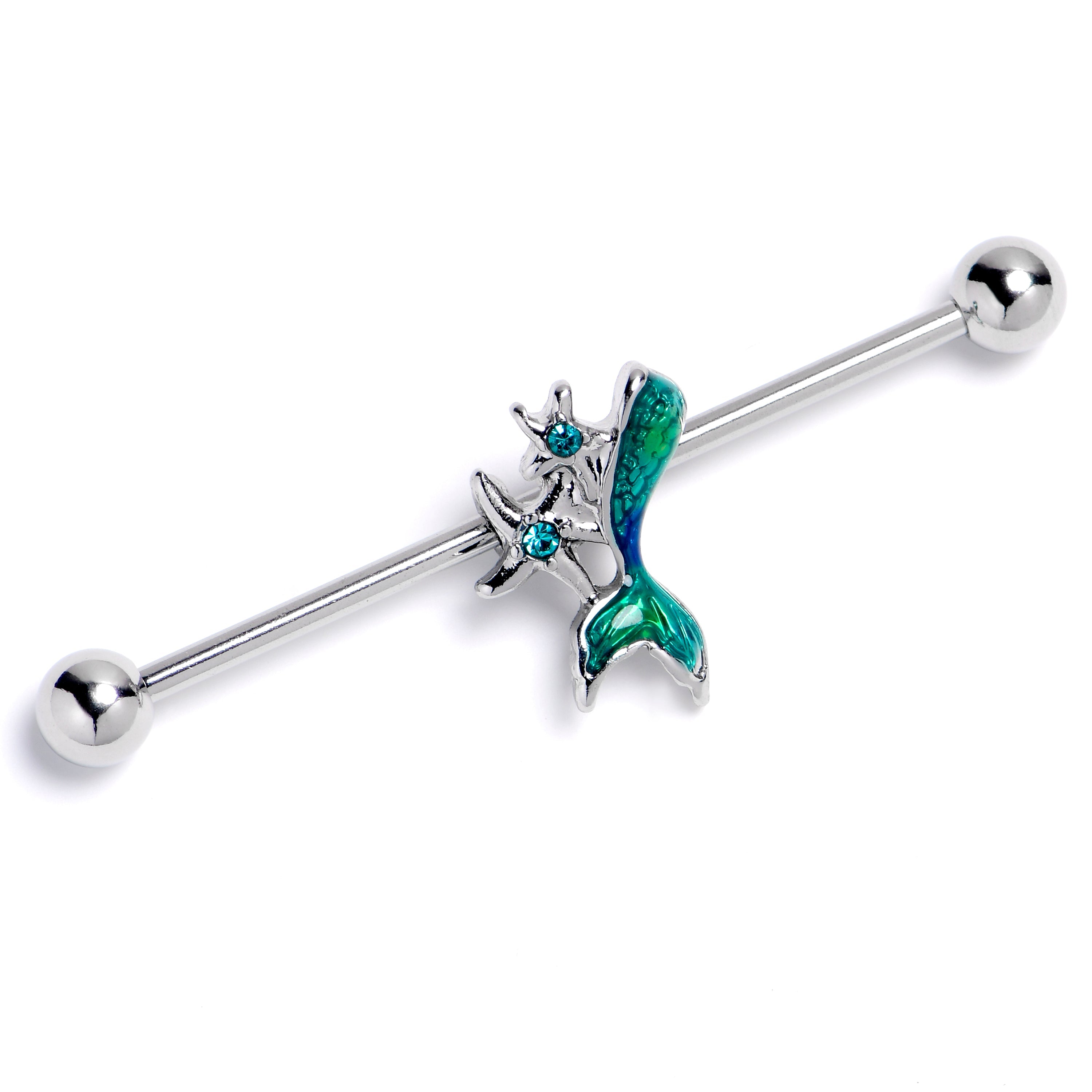 BodyCandy 14G Green Gem Green Mermaids Tail Star Industrial Barbell 38mm — main product shot