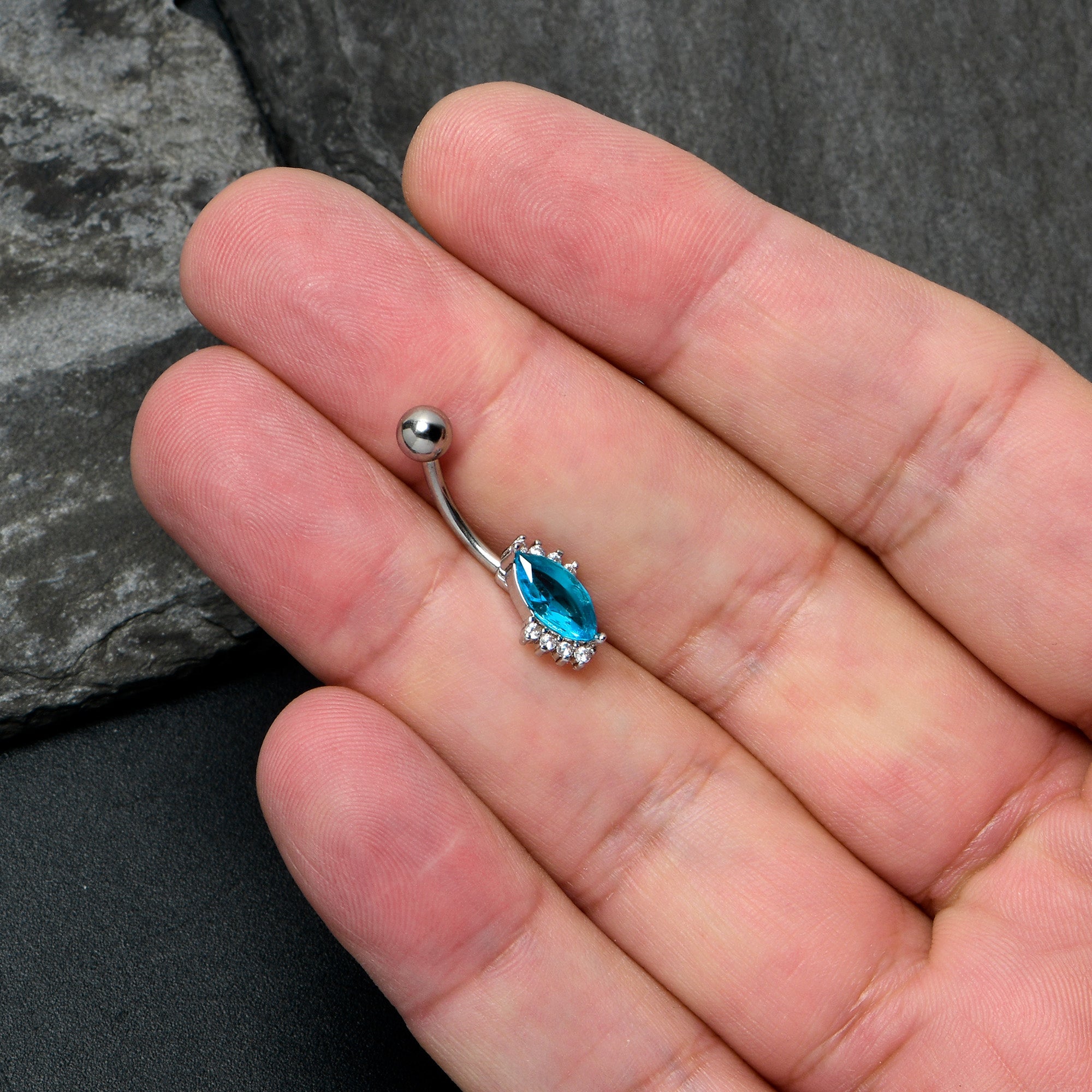 BodyCandy Clear Blue Gem Firey Drop Belly Ring — detail close-up