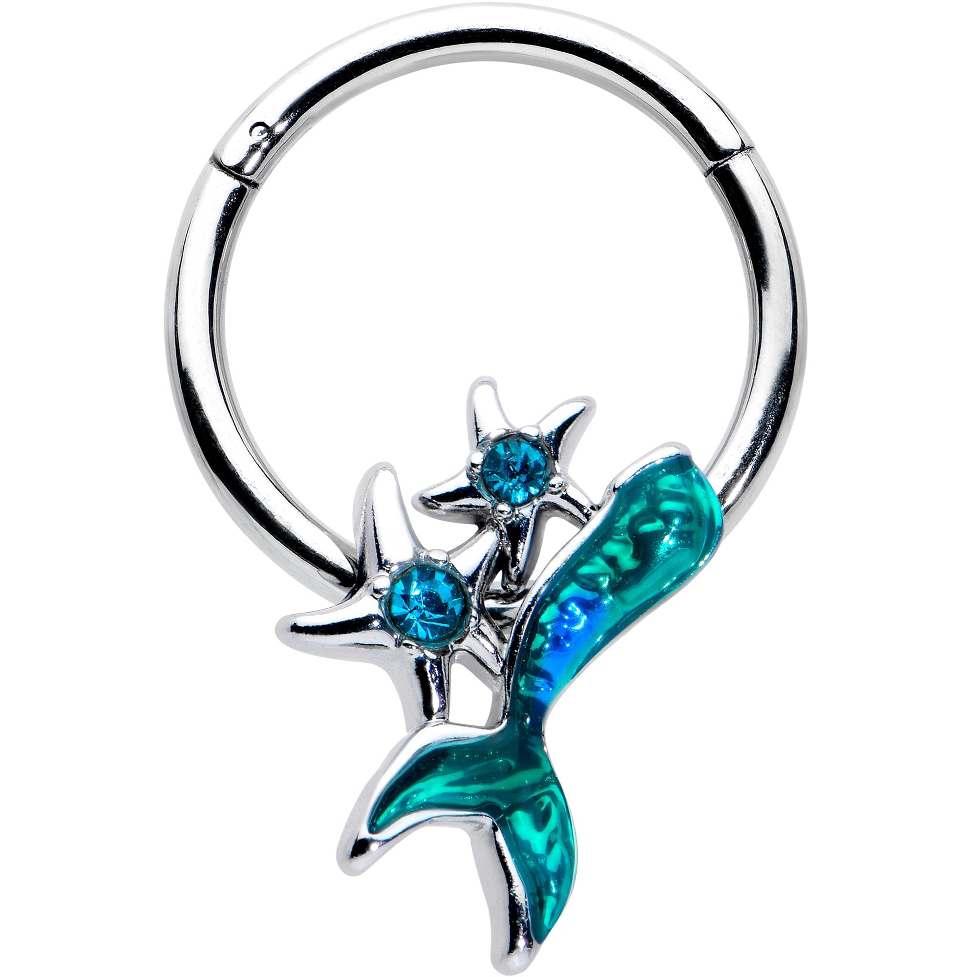 BodyCandy 16G 3/8 Blue Gem Green Mermaid Tail Stars Hinged Segment Ring — main product shot