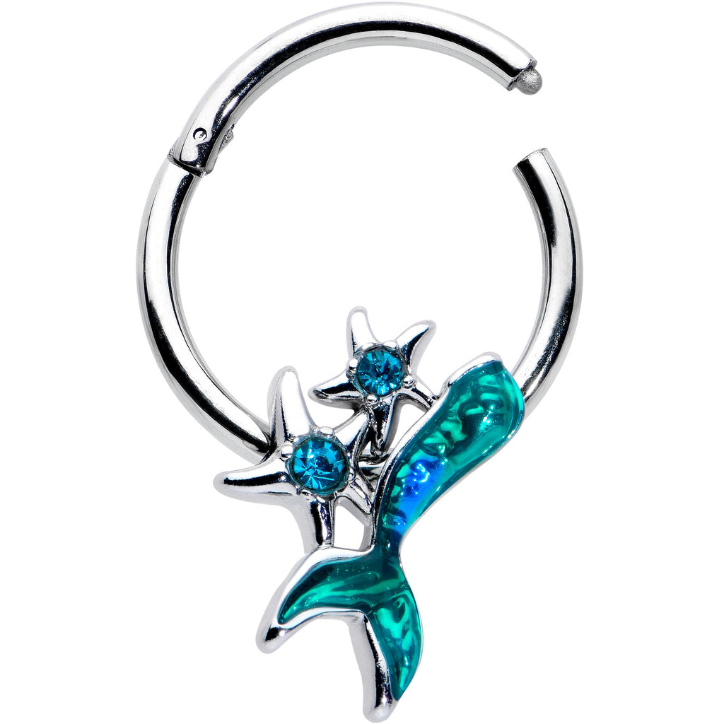 BodyCandy 16G 3/8 Blue Gem Green Mermaid Tail Stars Hinged Segment Ring — detail close-up