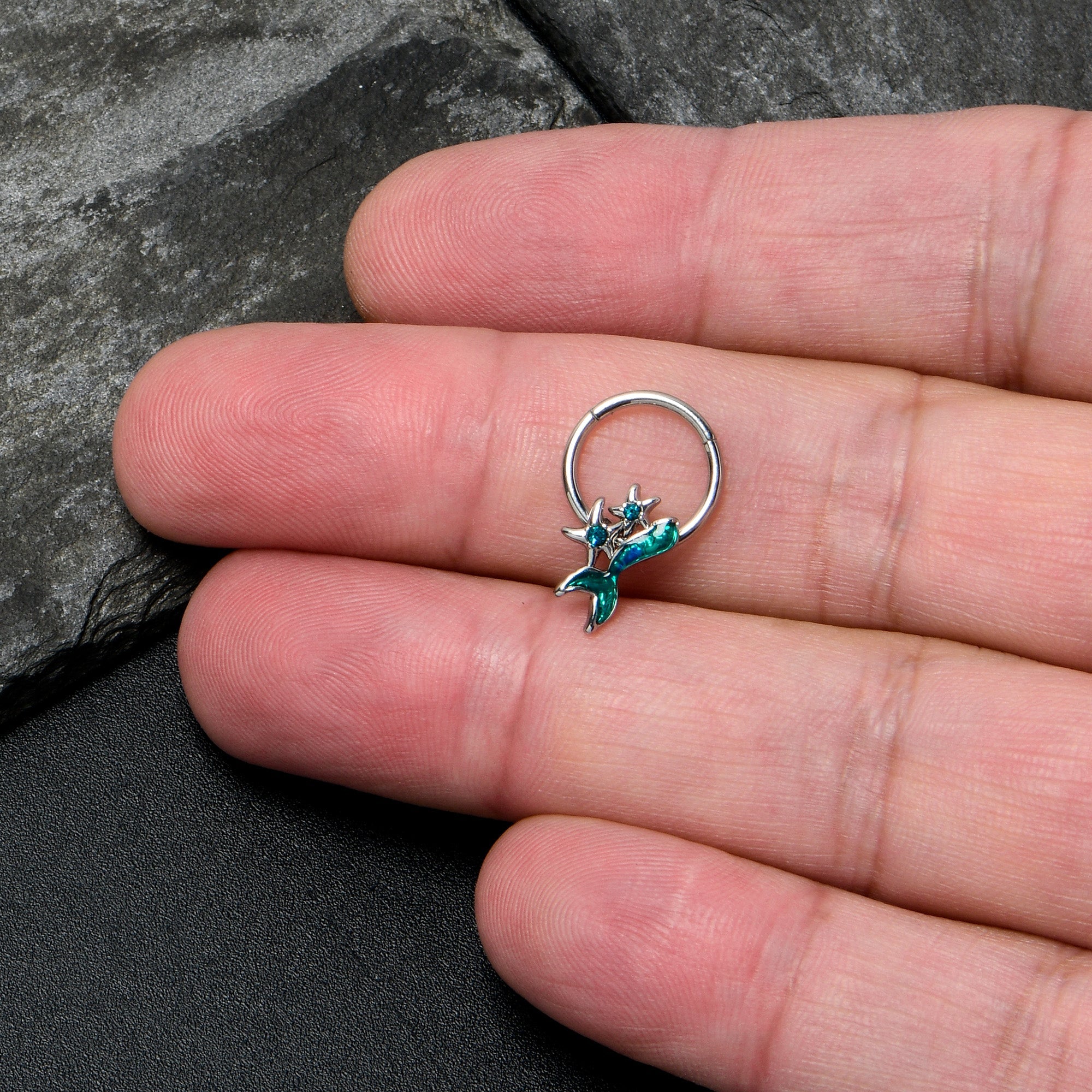 BodyCandy 16G 3/8 Blue Gem Green Mermaid Tail Stars Hinged Segment Ring — lifestyle context