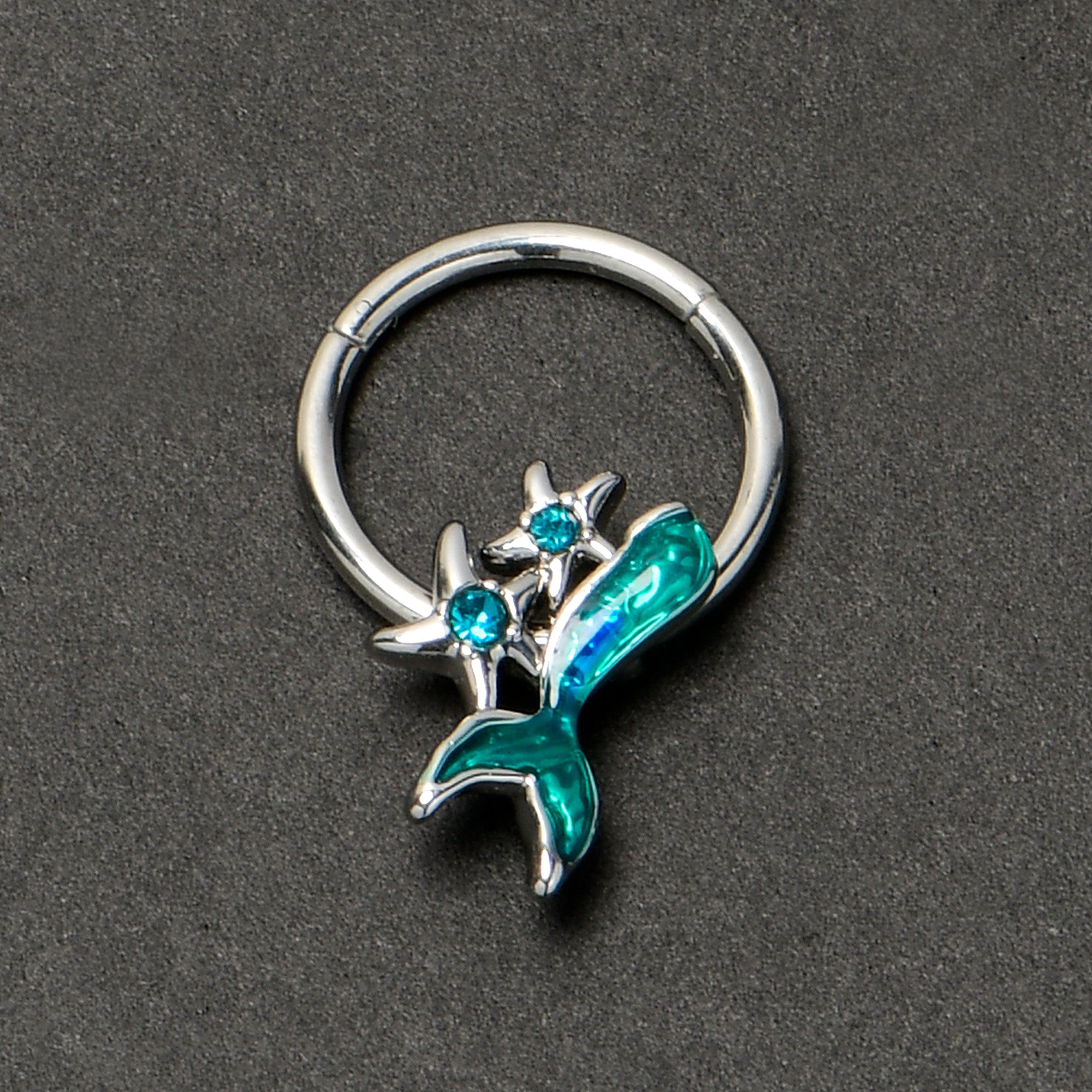 BodyCandy 16G 3/8 Blue Gem Green Mermaid Tail Stars Hinged Segment Ring — back view