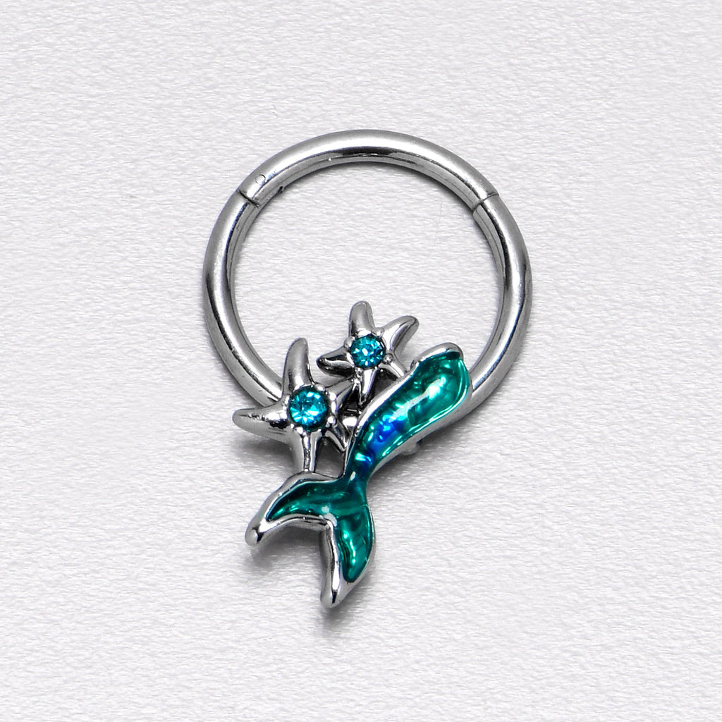 BodyCandy 16G 3/8 Blue Gem Green Mermaid Tail Stars Hinged Segment Ring — alternative angle