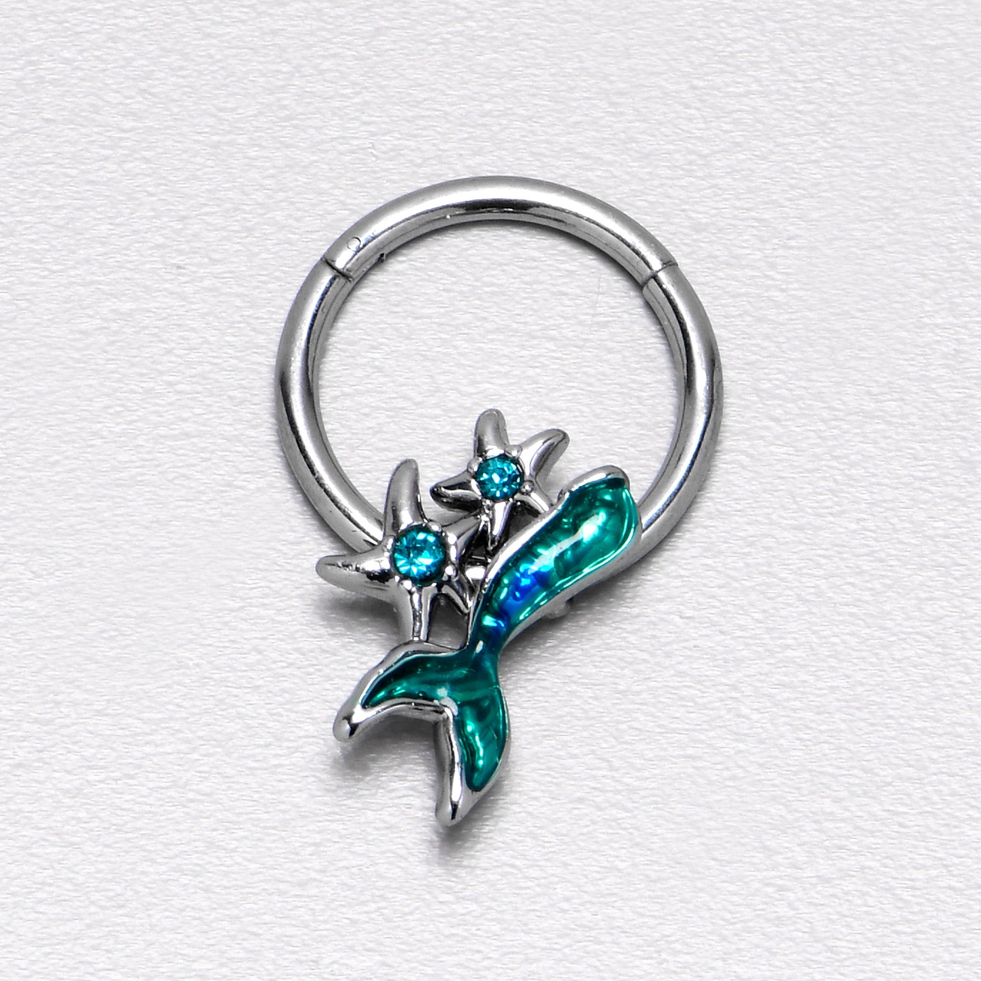 BodyCandy 16G 3/8 Blue Gem Green Mermaid Tail Stars Hinged Segment Ring — alternative angle