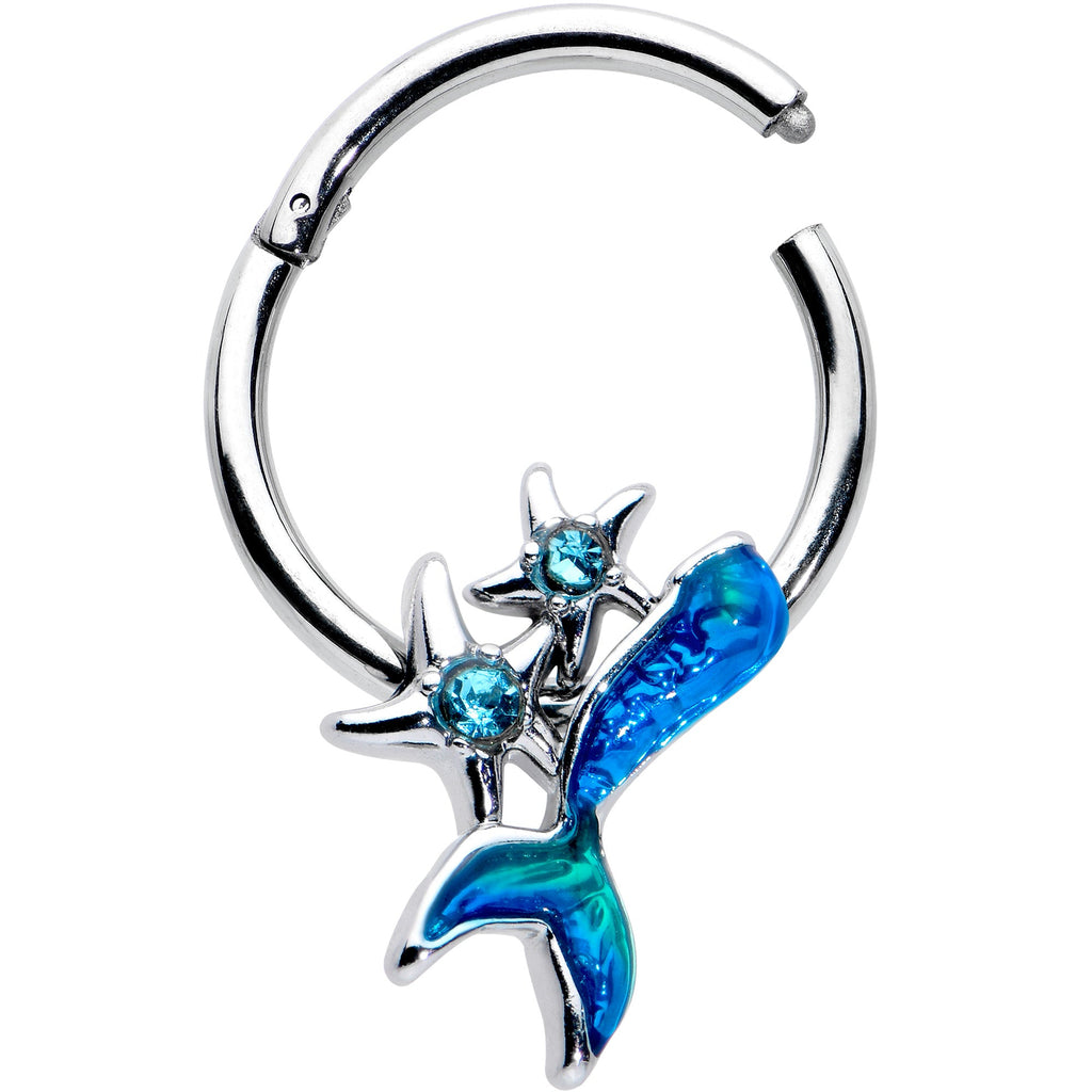 BodyCandy 16G 3/8 Blue Gem Blue Mermaid Tail Stars Hinged Segment Ring — detail close-up