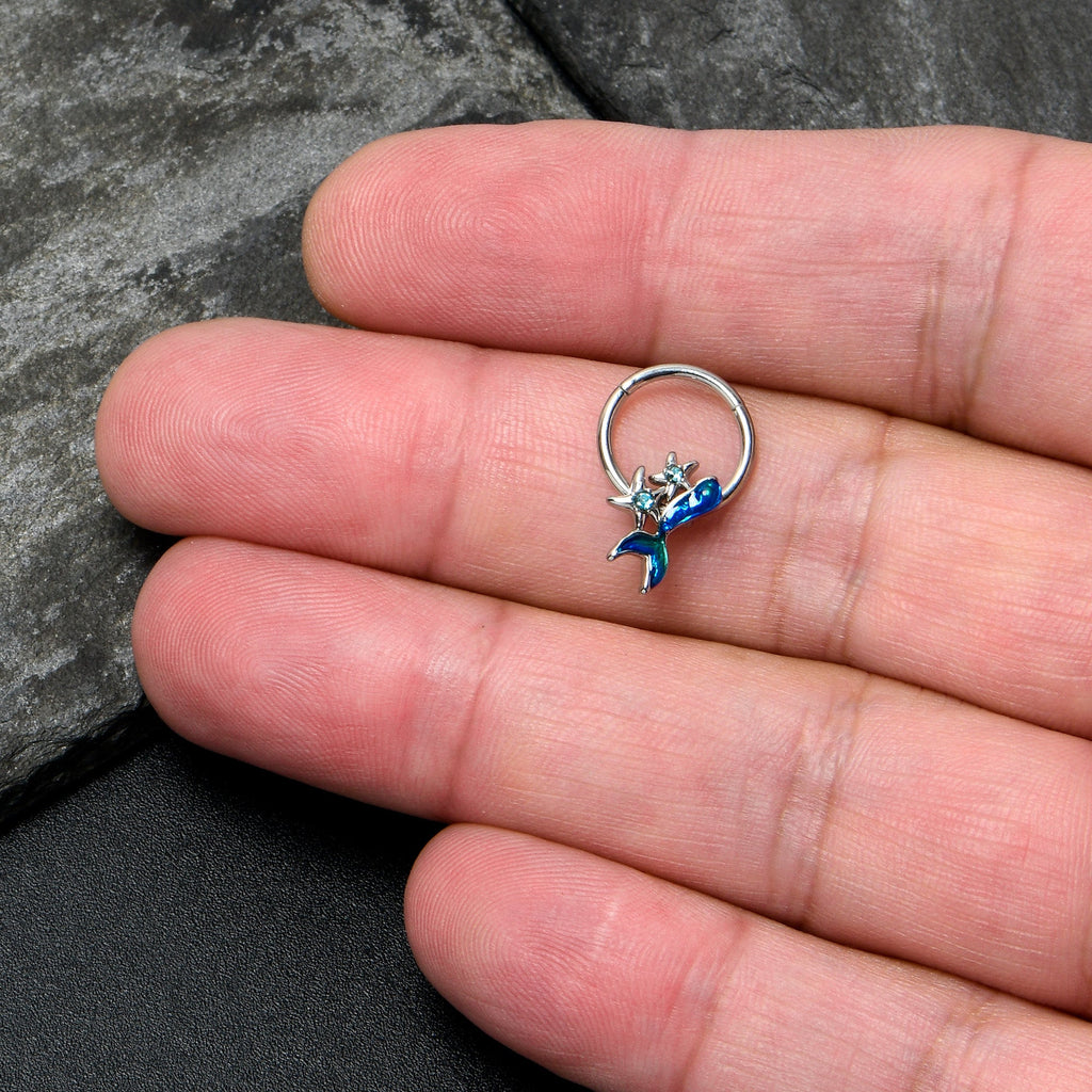 BodyCandy 16G 3/8 Blue Gem Blue Mermaid Tail Stars Hinged Segment Ring — lifestyle context