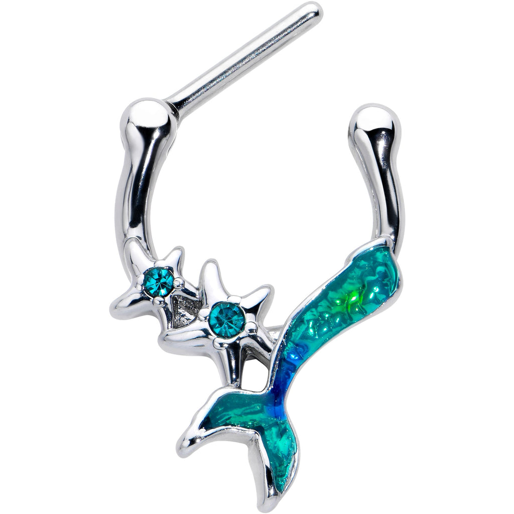 BodyCandy 16G 5/16 Blue Gem Green Mermaid Tail Stars Cartilage Clicker — detail close-up