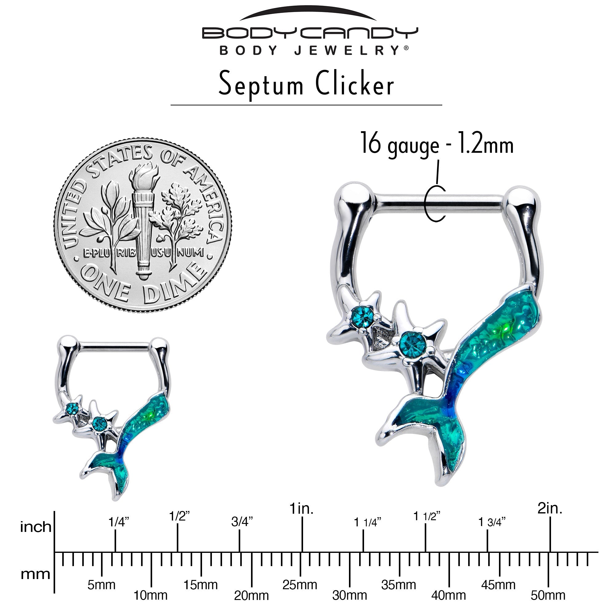 BodyCandy 16G 5/16 Blue Gem Green Mermaid Tail Stars Cartilage Clicker — side view