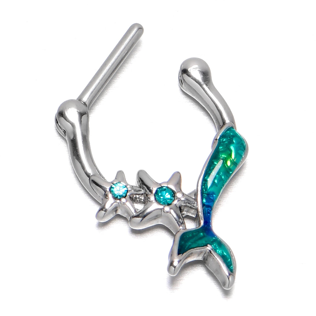BodyCandy 16G 5/16 Blue Gem Green Mermaid Tail Stars Cartilage Clicker — in-use photo