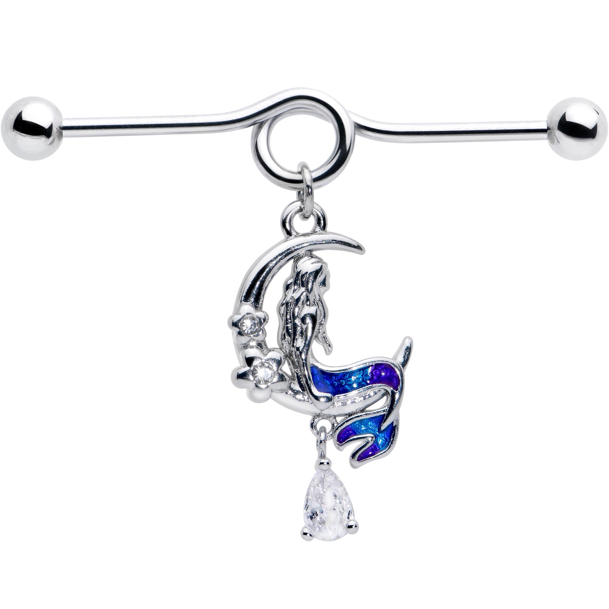 BodyCandy 14G Clear Gem Floral Mermaid Moon Dangle Project Bar 38mm — detail close-up