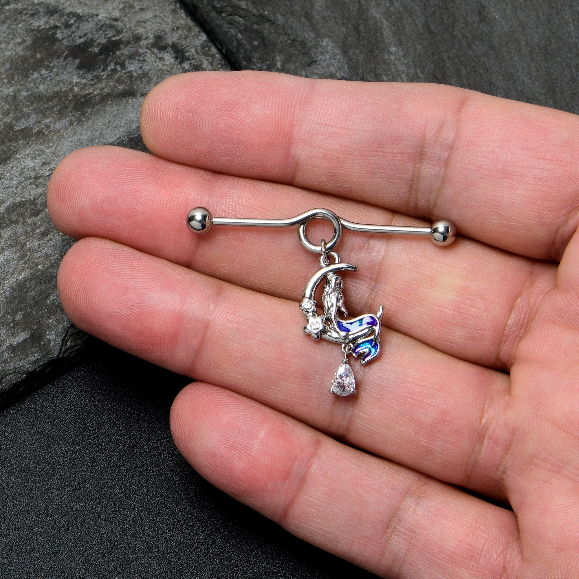 BodyCandy 14G Clear Gem Floral Mermaid Moon Dangle Project Bar 38mm — lifestyle context