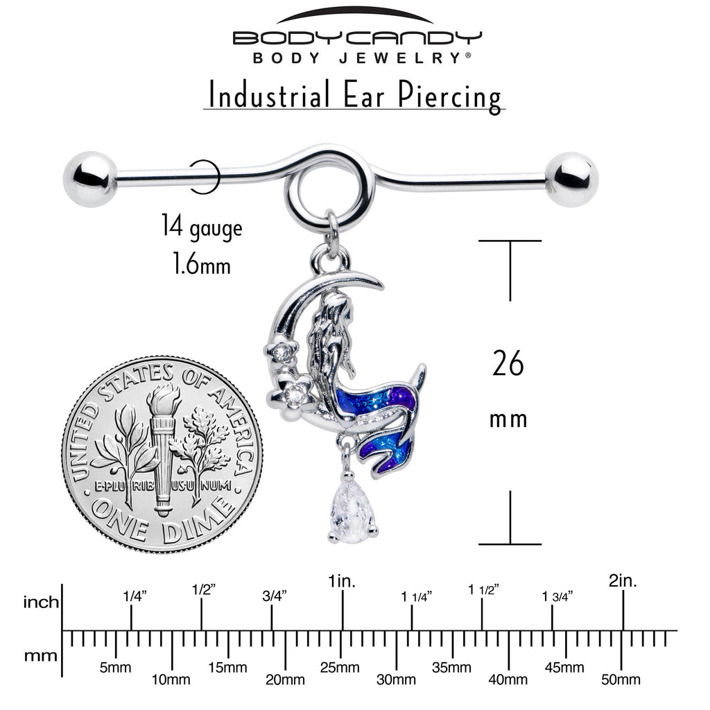 BodyCandy 14G Clear Gem Floral Mermaid Moon Dangle Project Bar 38mm — side view