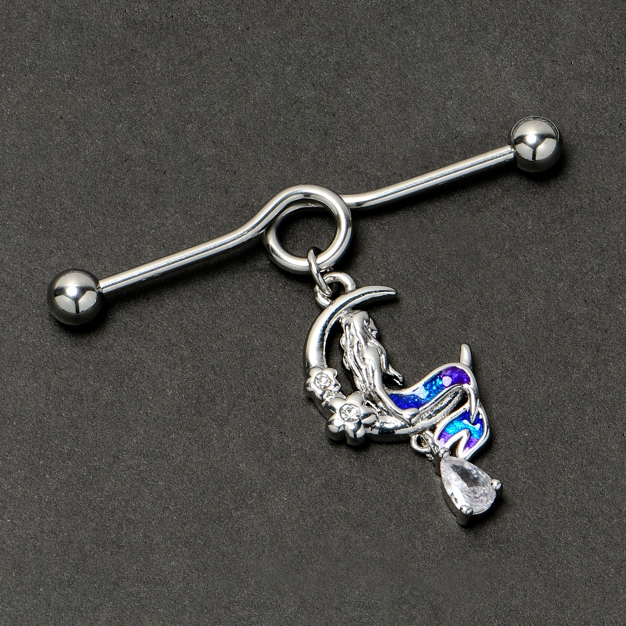 BodyCandy 14G Clear Gem Floral Mermaid Moon Dangle Project Bar 38mm — back view
