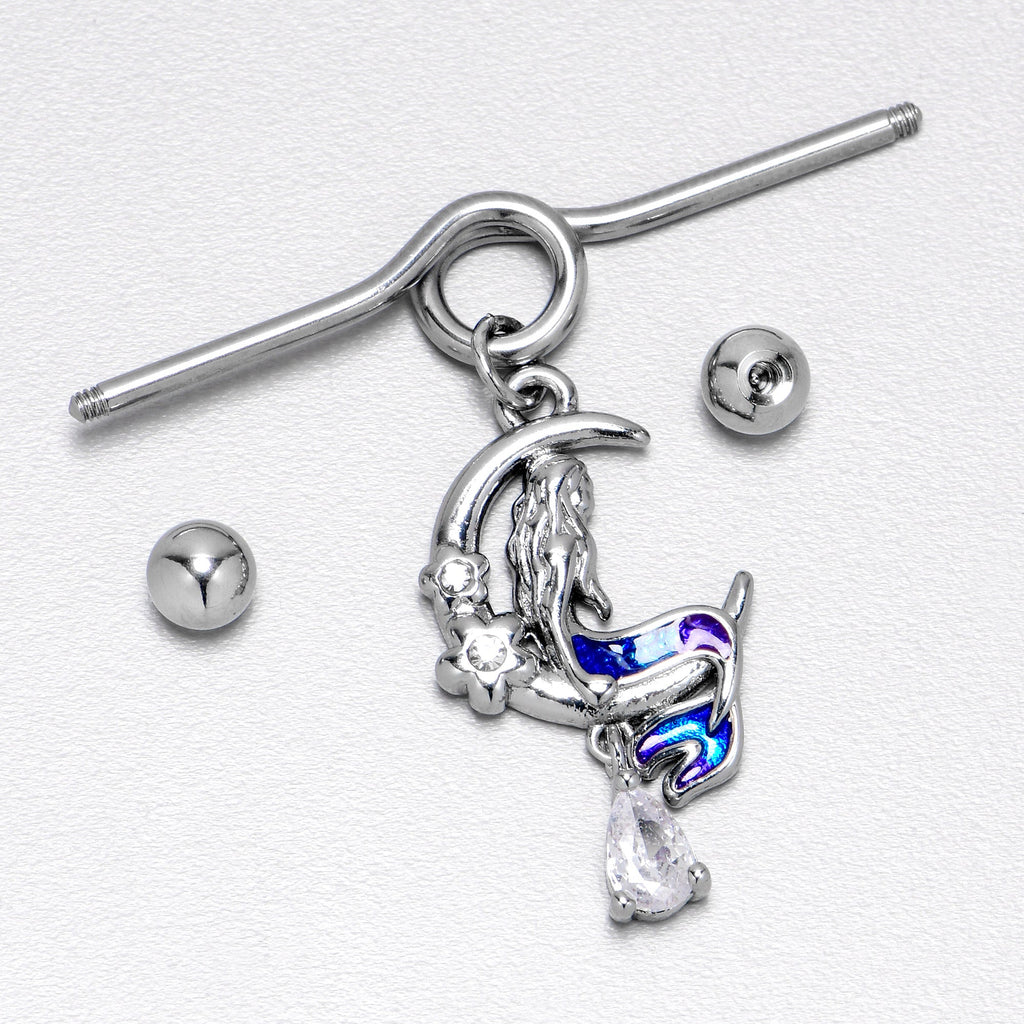 BodyCandy 14G Clear Gem Floral Mermaid Moon Dangle Project Bar 38mm — in-use photo
