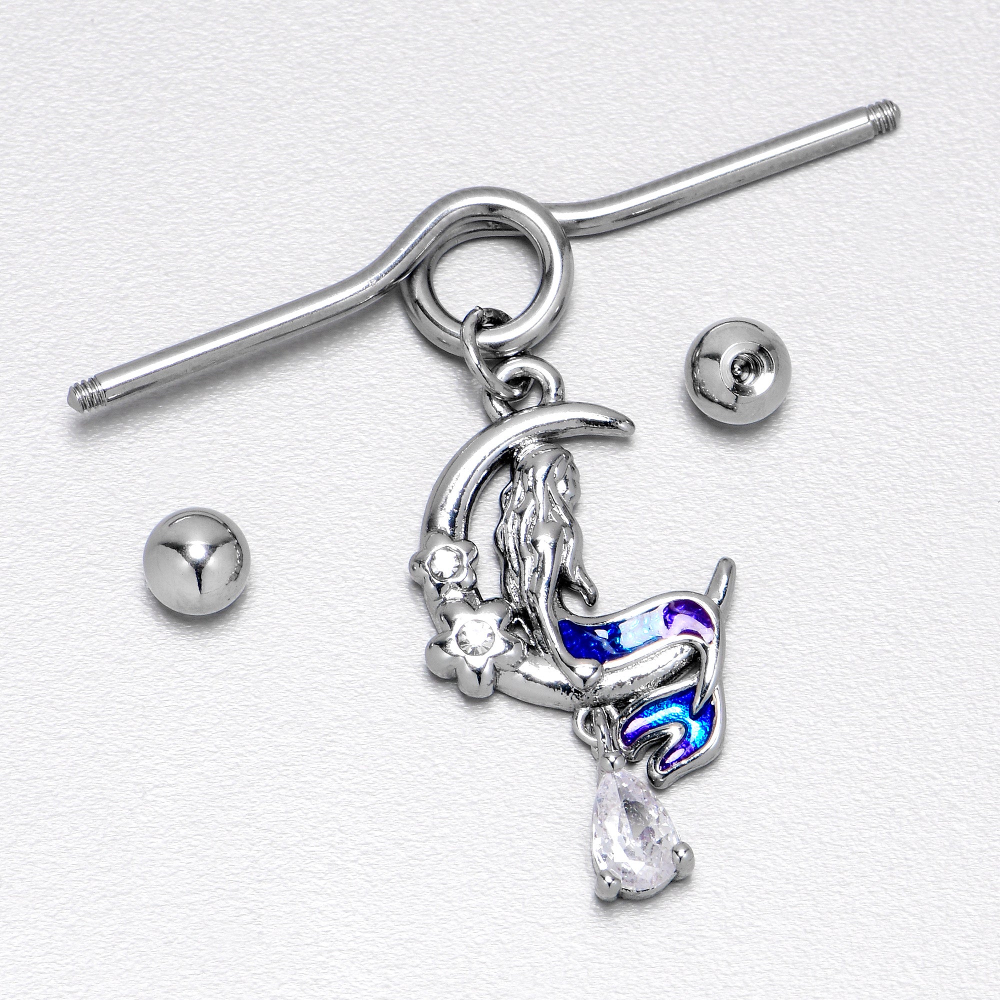 BodyCandy 14G Clear Gem Floral Mermaid Moon Dangle Project Bar 38mm — in-use photo