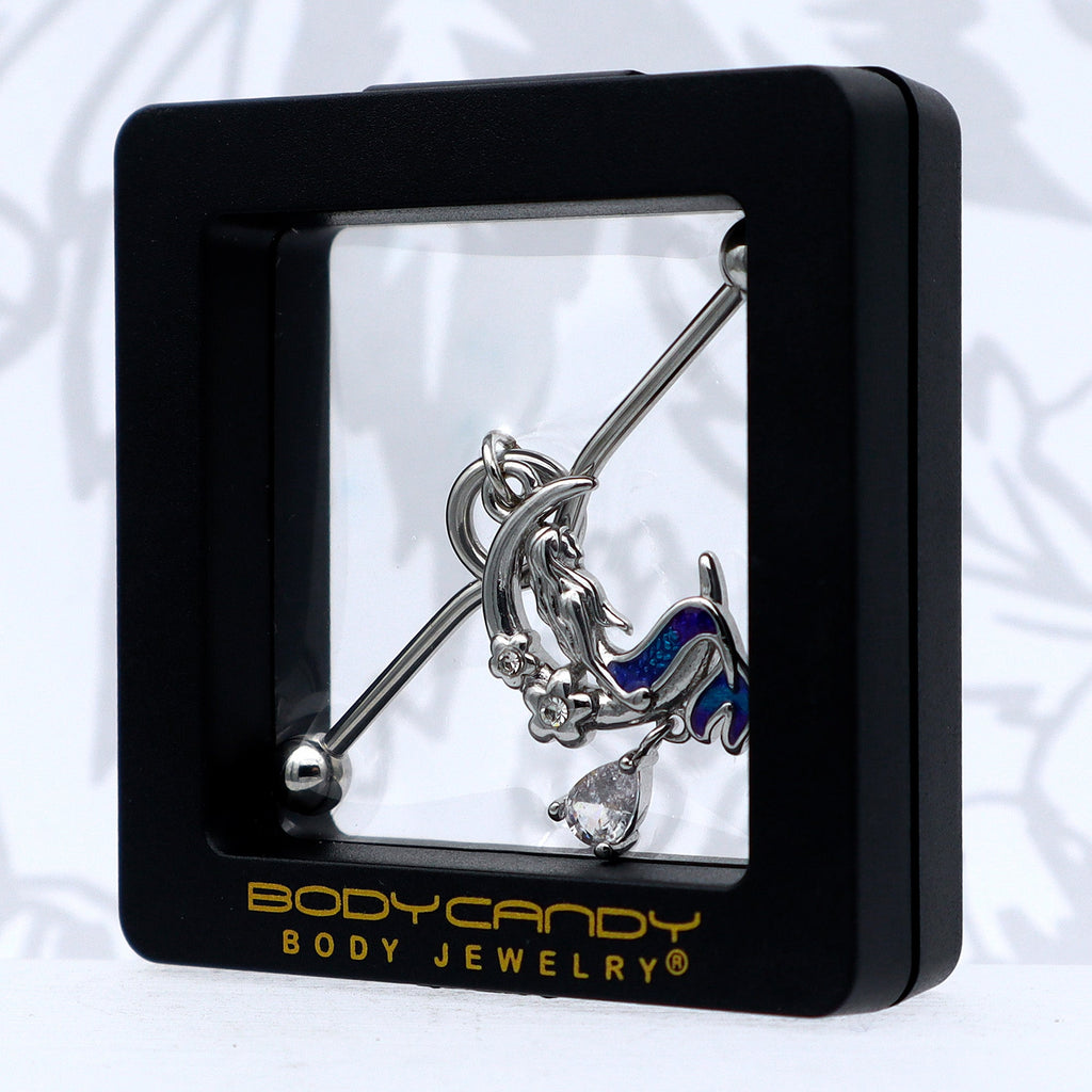 BodyCandy 14G Clear Gem Floral Mermaid Moon Dangle Project Bar 38mm — size reference