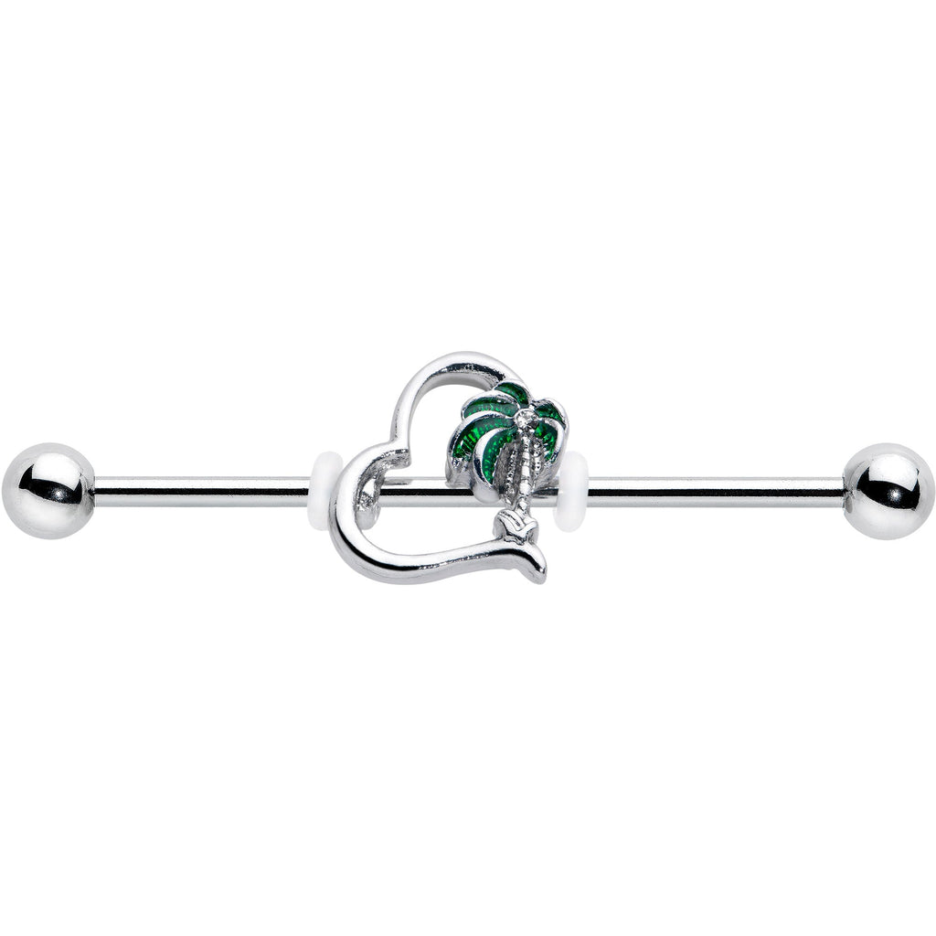 BodyCandy 14G Clear Gem Palm Tree Love Heart Industrial Barbell 38mm — detail close-up