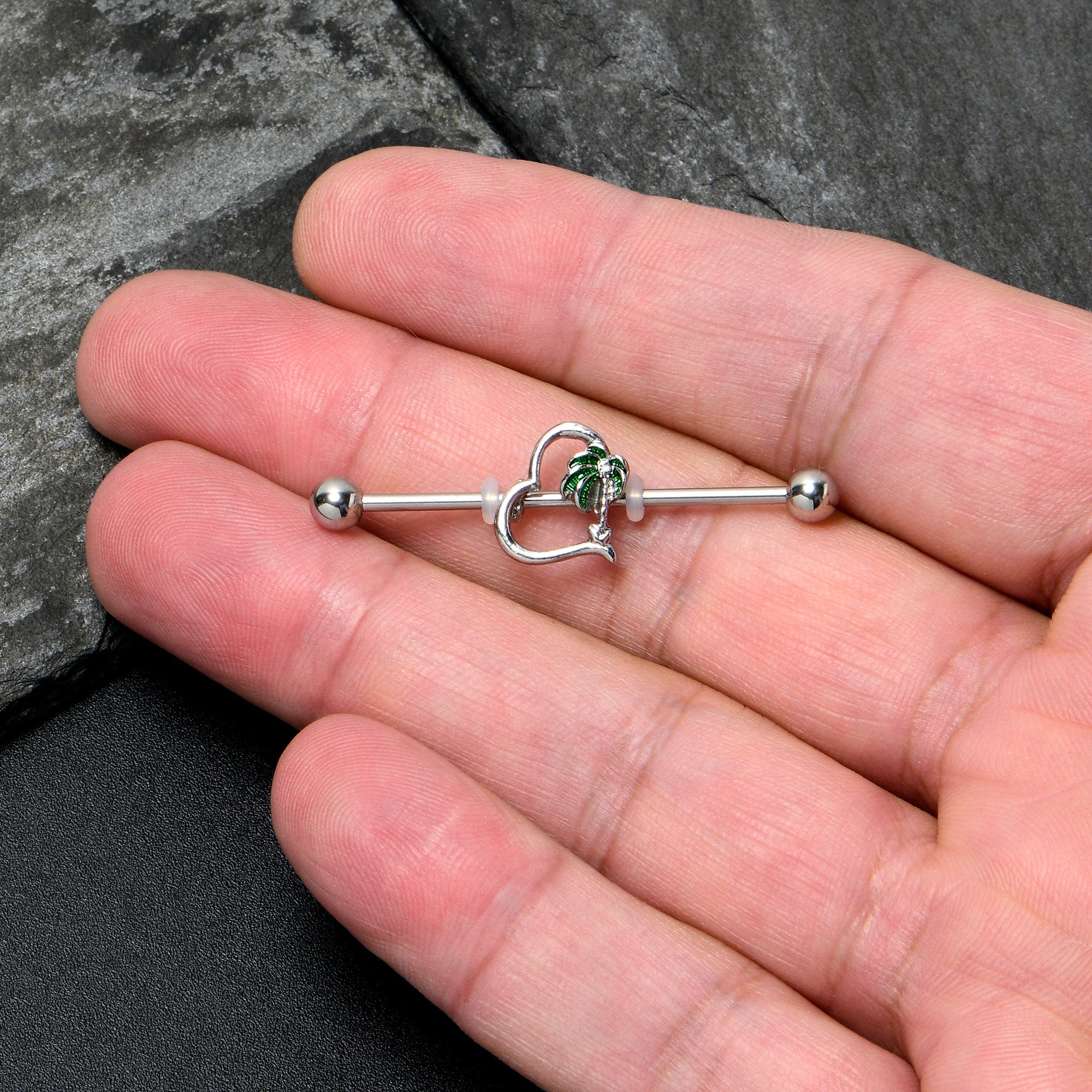 BodyCandy 14G Clear Gem Palm Tree Love Heart Industrial Barbell 38mm — lifestyle context