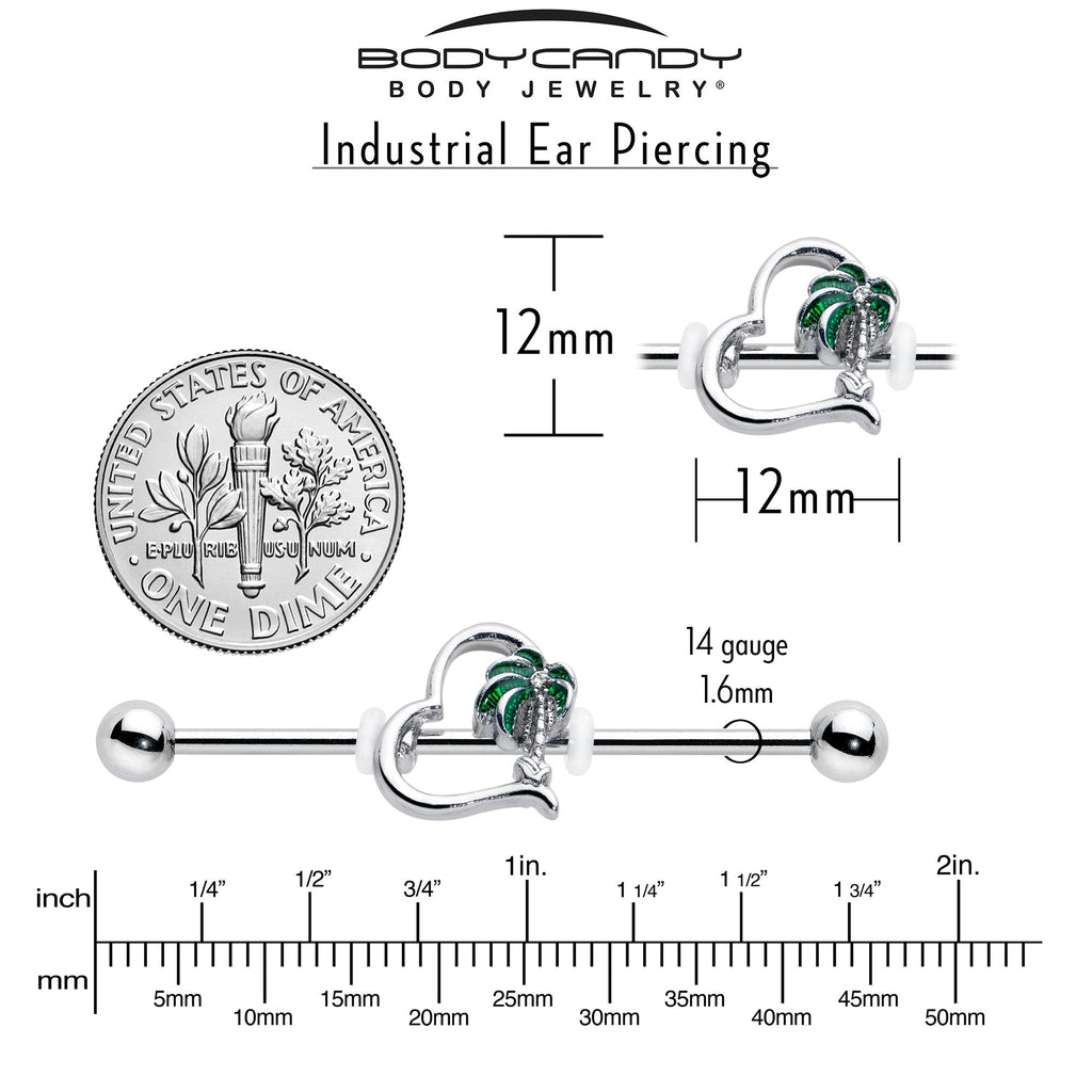 BodyCandy 14G Clear Gem Palm Tree Love Heart Industrial Barbell 38mm — side view