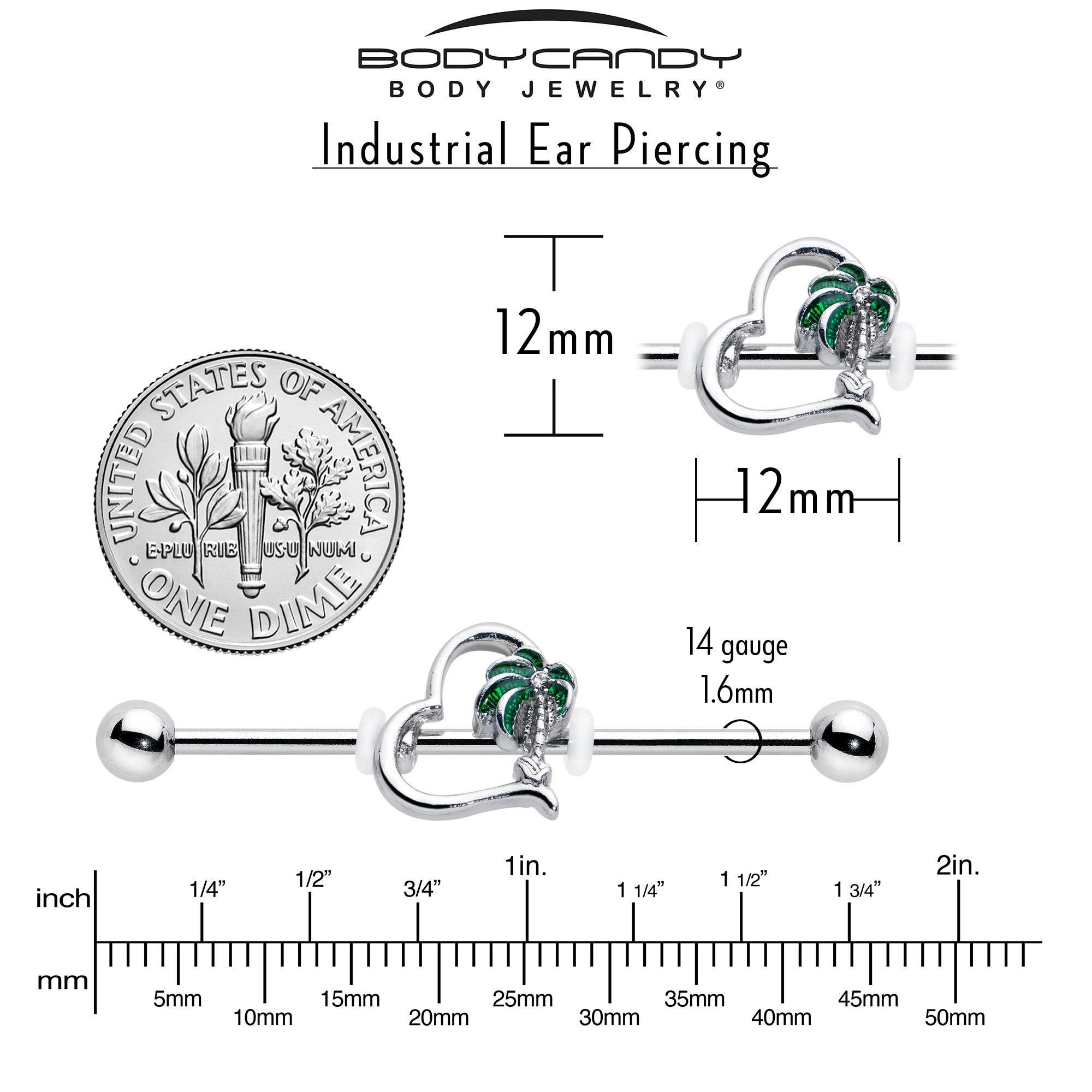 BodyCandy 14G Clear Gem Palm Tree Love Heart Industrial Barbell 38mm — side view