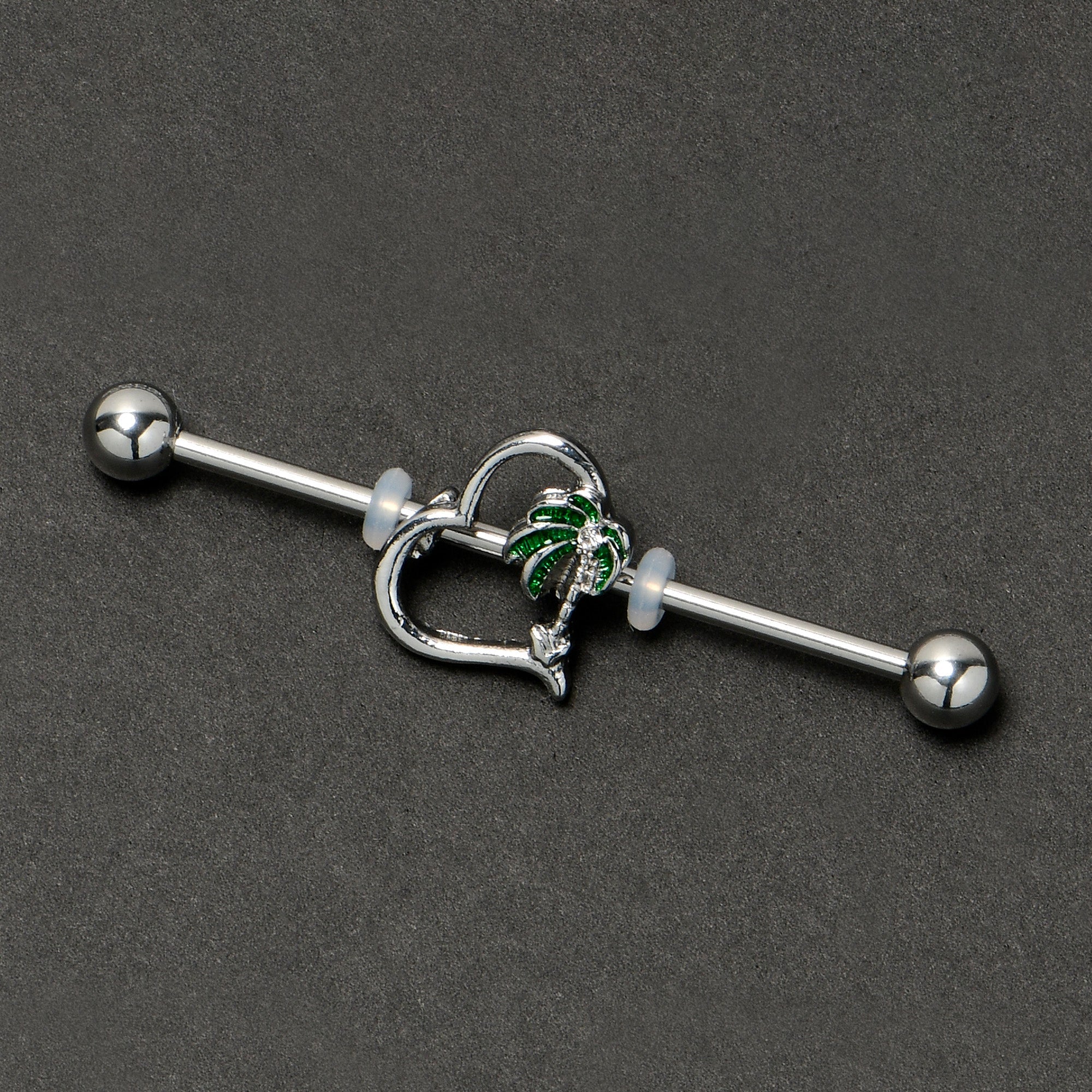 BodyCandy 14G Clear Gem Palm Tree Love Heart Industrial Barbell 38mm — back view