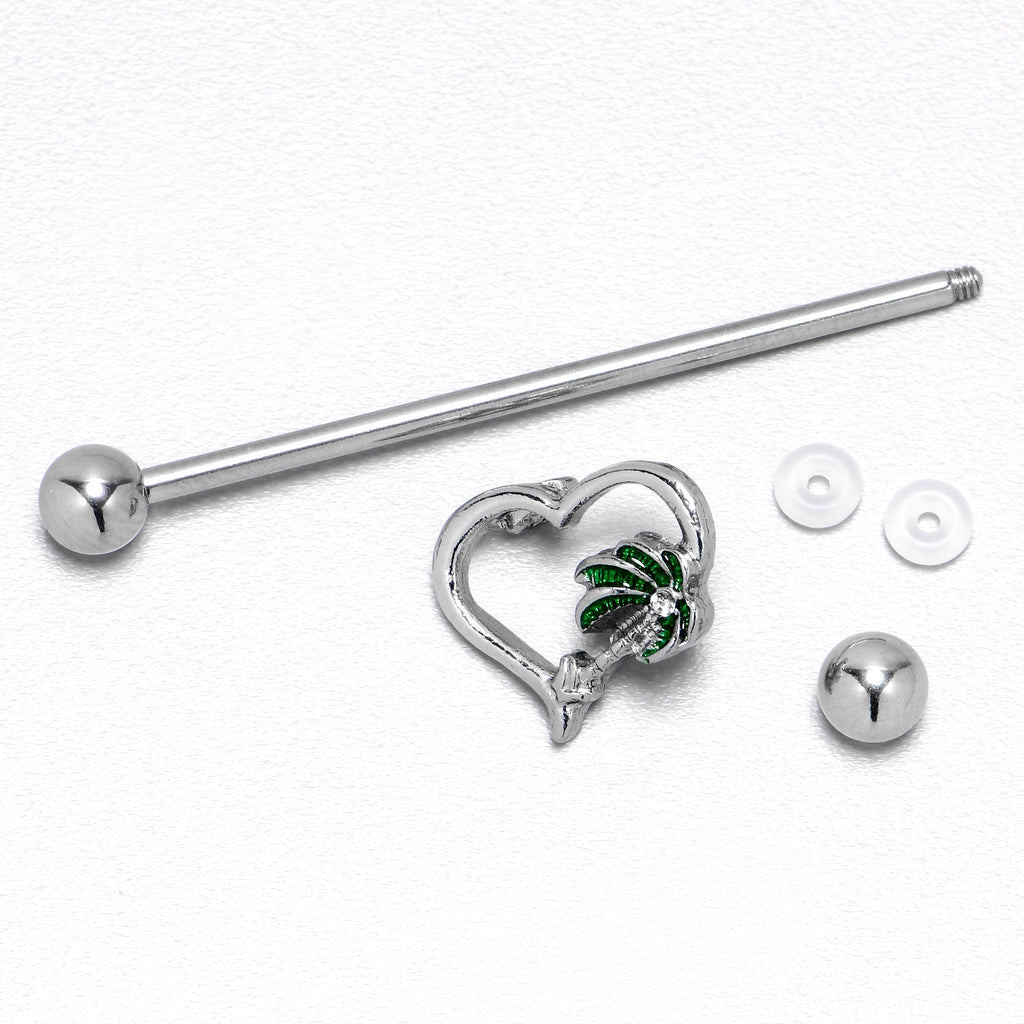 BodyCandy 14G Clear Gem Palm Tree Love Heart Industrial Barbell 38mm — in-use photo